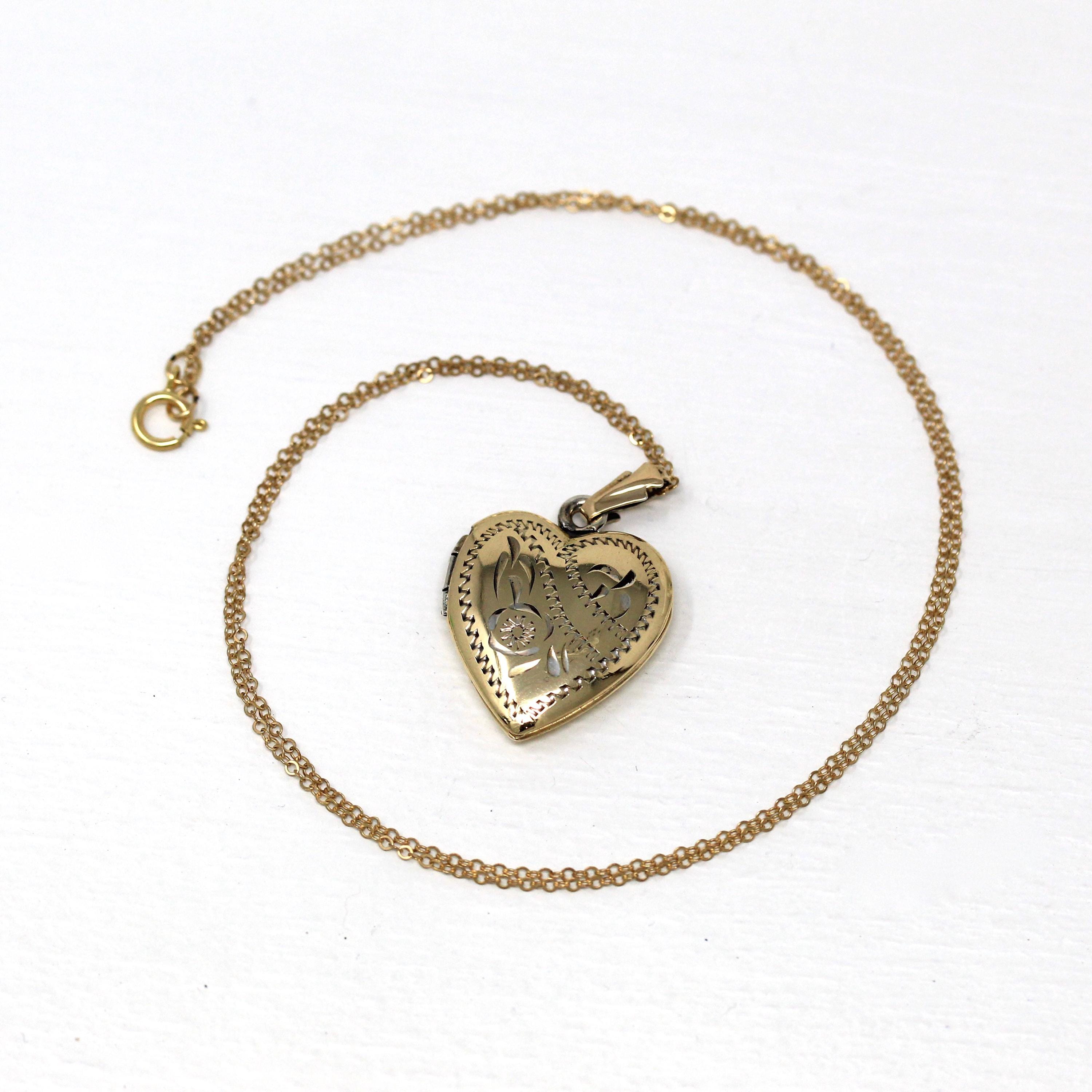 Vintage Heart Locket - Retro 10k Gold Filled Floral Design Flowers Pendant Necklace - Circa 1940s Era Keepsake Photograph 40s Jewelry