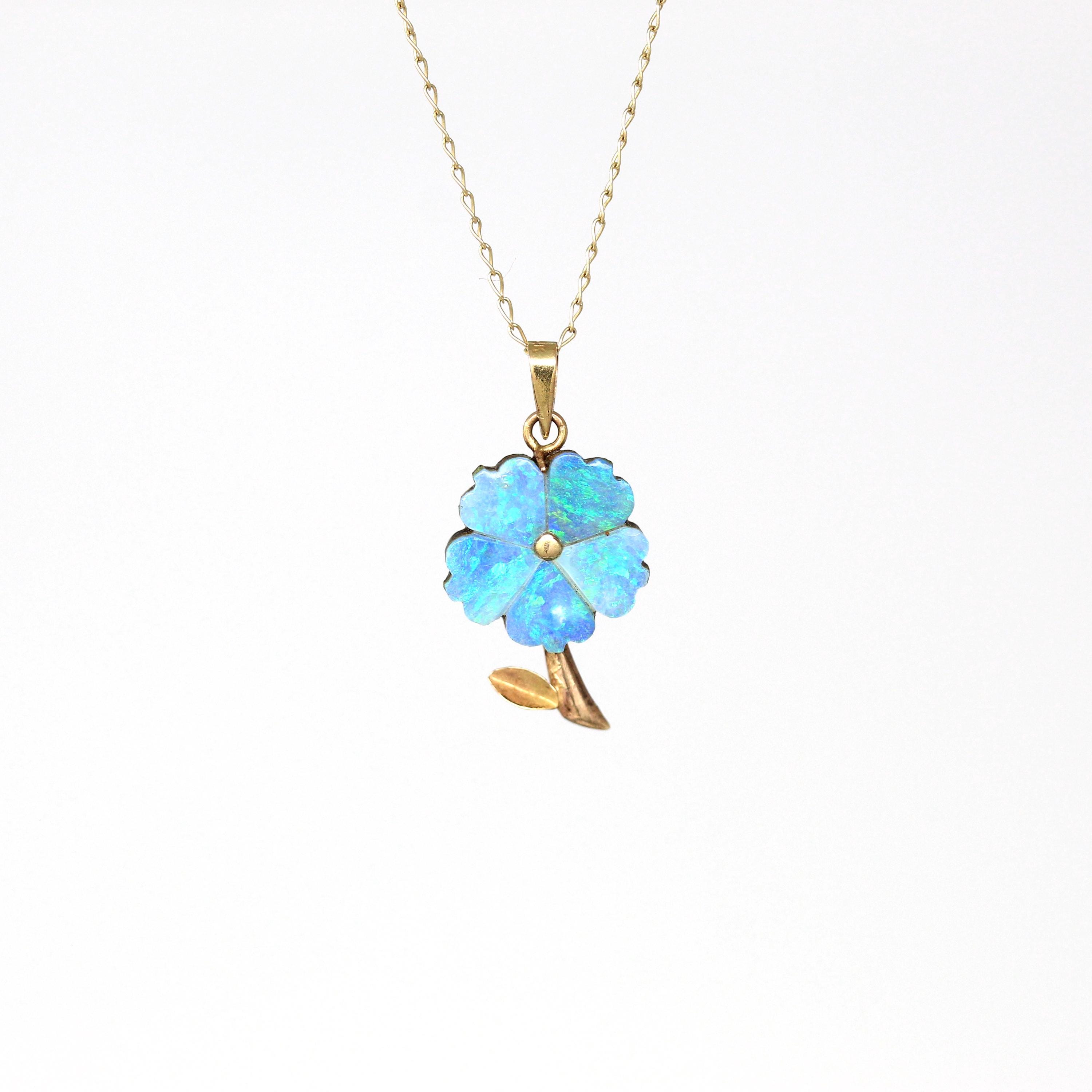 Opal Flower Necklace - Modern 14K Yellow Gold Opal Doublet Carved Floral Pendant - Vintage Circa 1990s Era Pendant Charm Fine Floral Jewelry