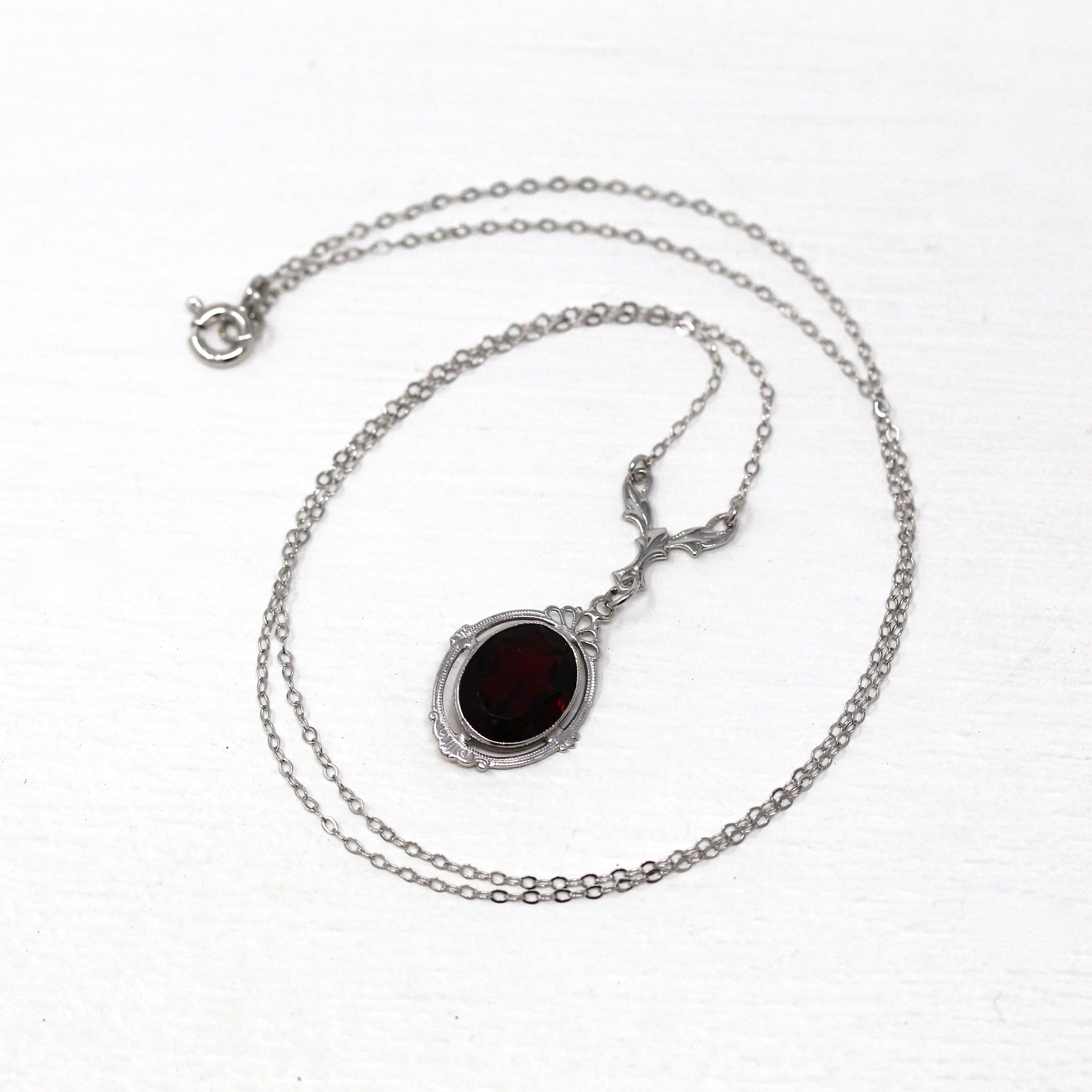 Art Deco Lavalier - Vintage 14k White Gold Filigree Simulated Garnet Pendant - Circa 1930's Era Wine Red Oval Faceted Glass Stone Jewelry