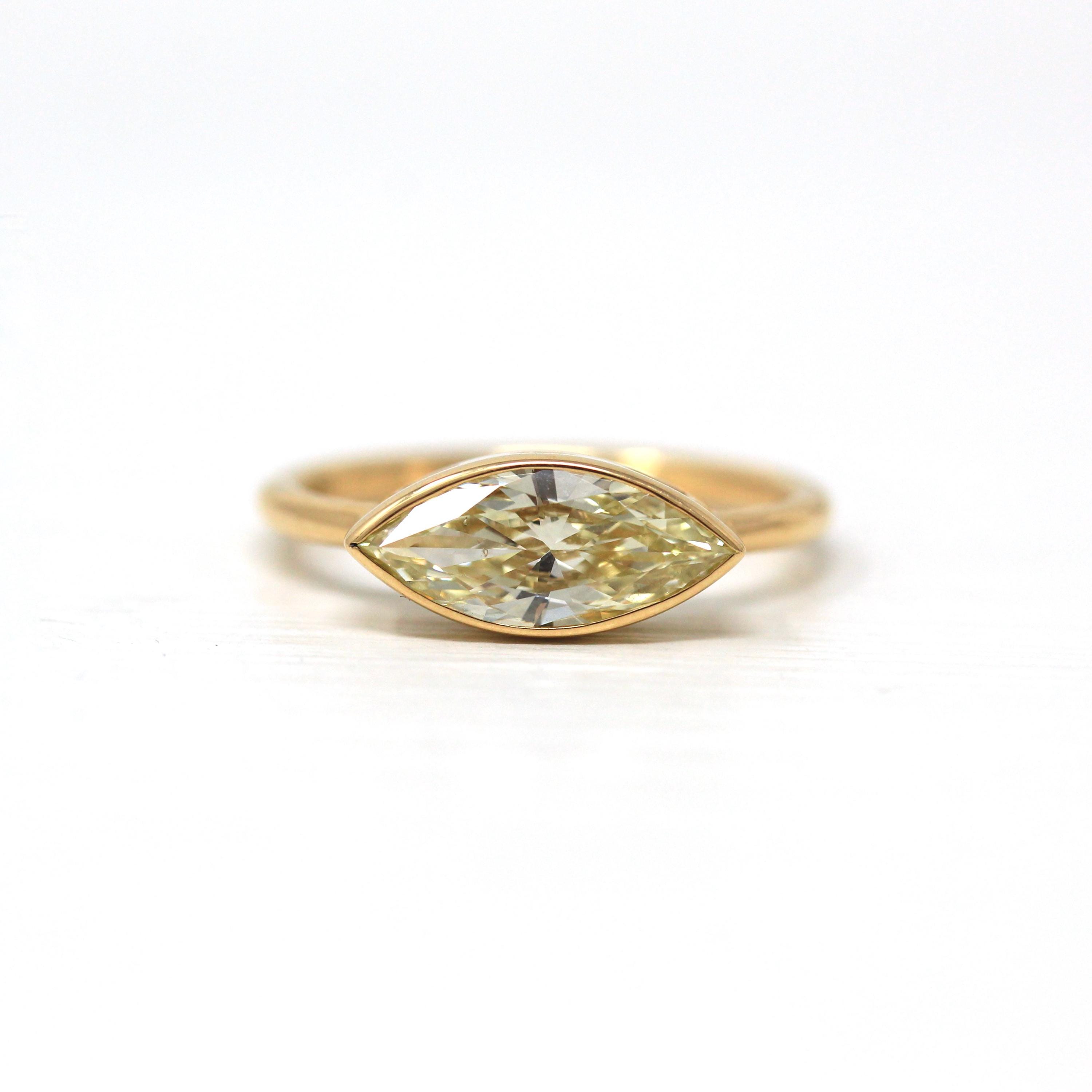 1.29 ct Marquise Cut Diamond Engagement Ring - 18k Yellow Gold Bezel East West Modern Setting - Very Light Yellow Natural Diamond Jewelry