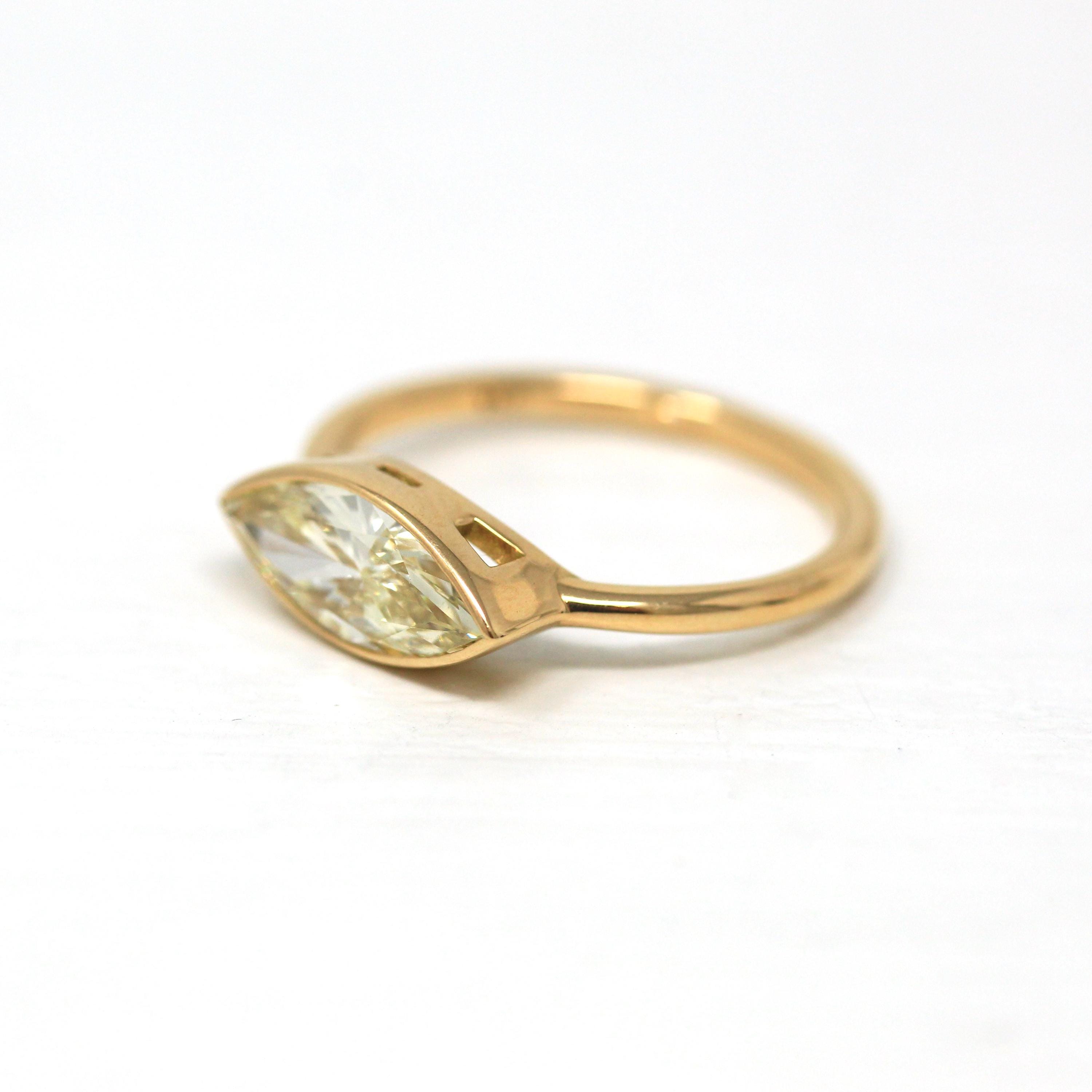 1.29 ct Marquise Cut Diamond Engagement Ring - 18k Yellow Gold Bezel East West Modern Setting - Very Light Yellow Natural Diamond Jewelry