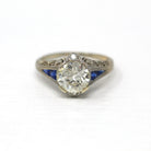 Art Deco Engagement Ring - Vintage 18k White Gold Old European Cut 1.97 Ct Diamond & Sapphires - Circa 1920s Size 7.5 Fine Jewelry w/ Report