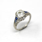 Art Deco Engagement Ring - Vintage 18k White Gold Old European Cut 1.97 Ct Diamond & Sapphires - Circa 1920s Size 7.5 Fine Jewelry w/ Report