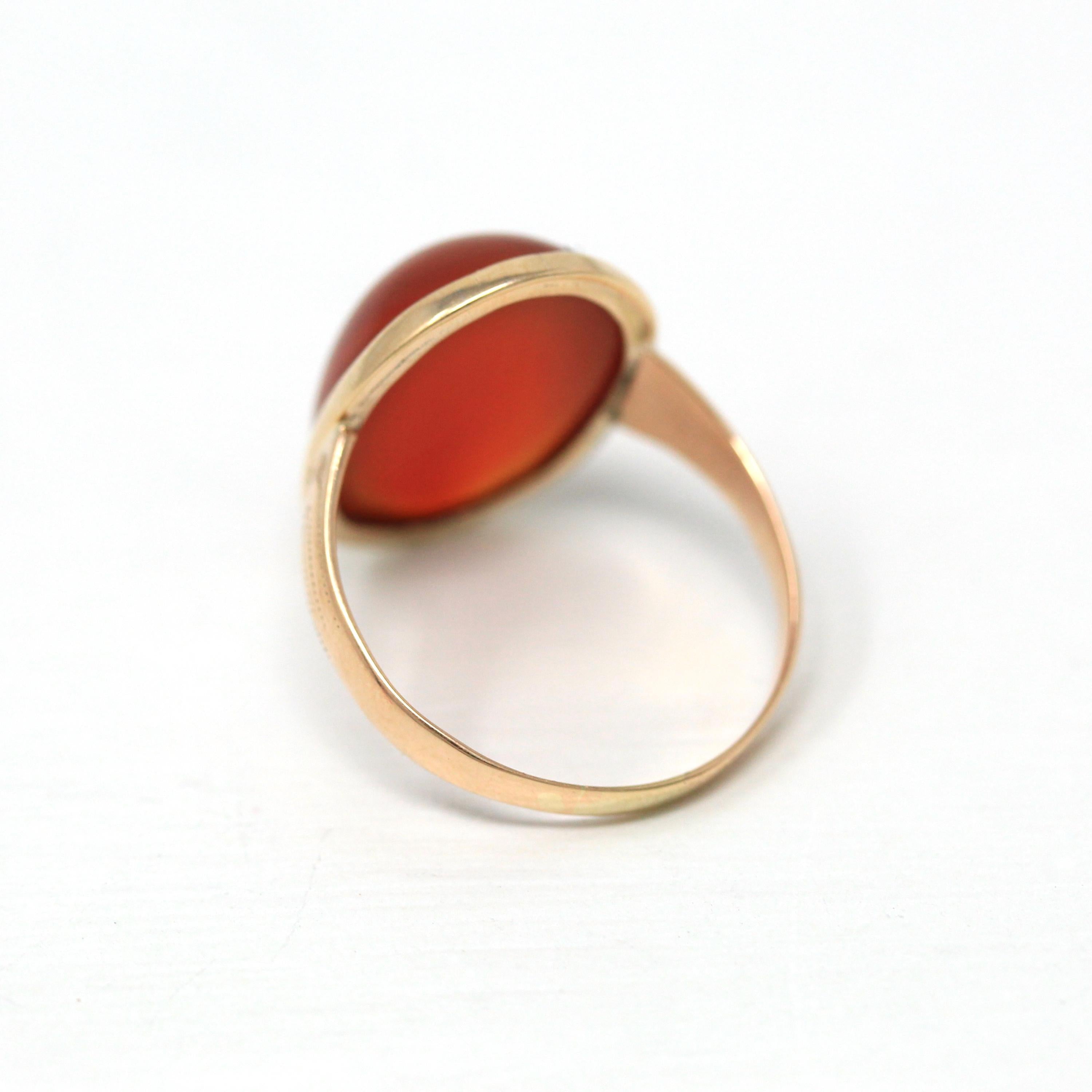 Genuine Carnelian Ring - Edwardian 10k Yellow Gold Oval Cabochon Cut Gemstone - Antique Circa 1900s Era Size 7 Statement Fine Jewelry