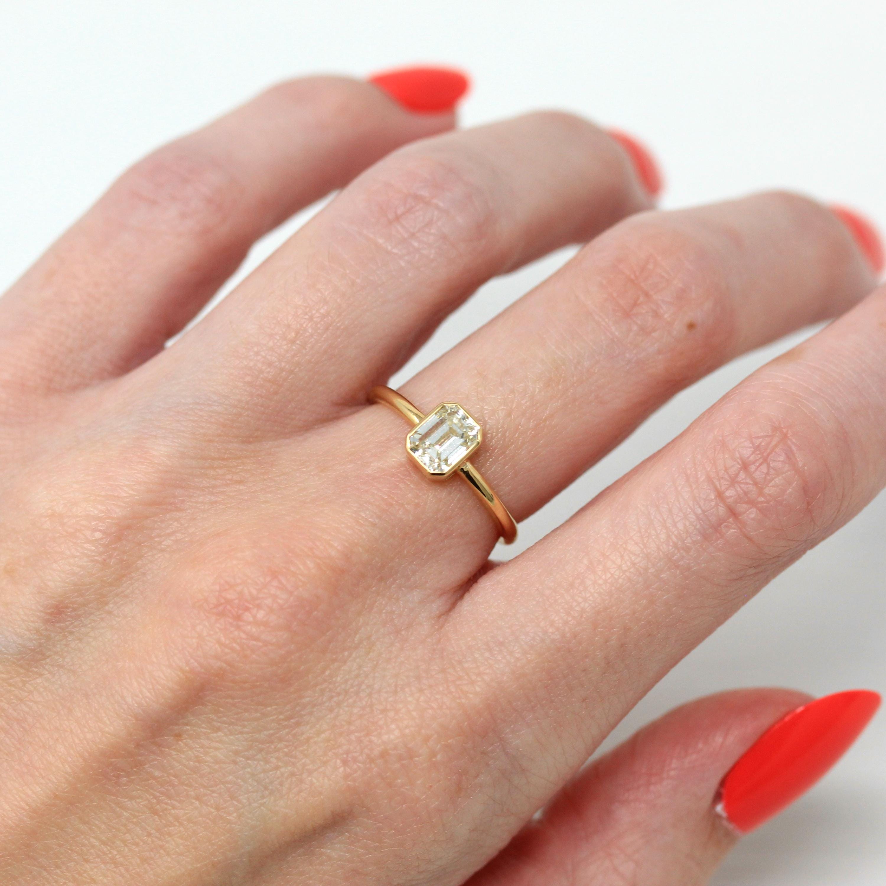 1.15 ct Emerald Cut Diamond Engagement Ring - 18k Yellow Gold Bezel Set Vintage Recycled Gem - Size 6 1/4 Fine Bridal Classic Jewelry