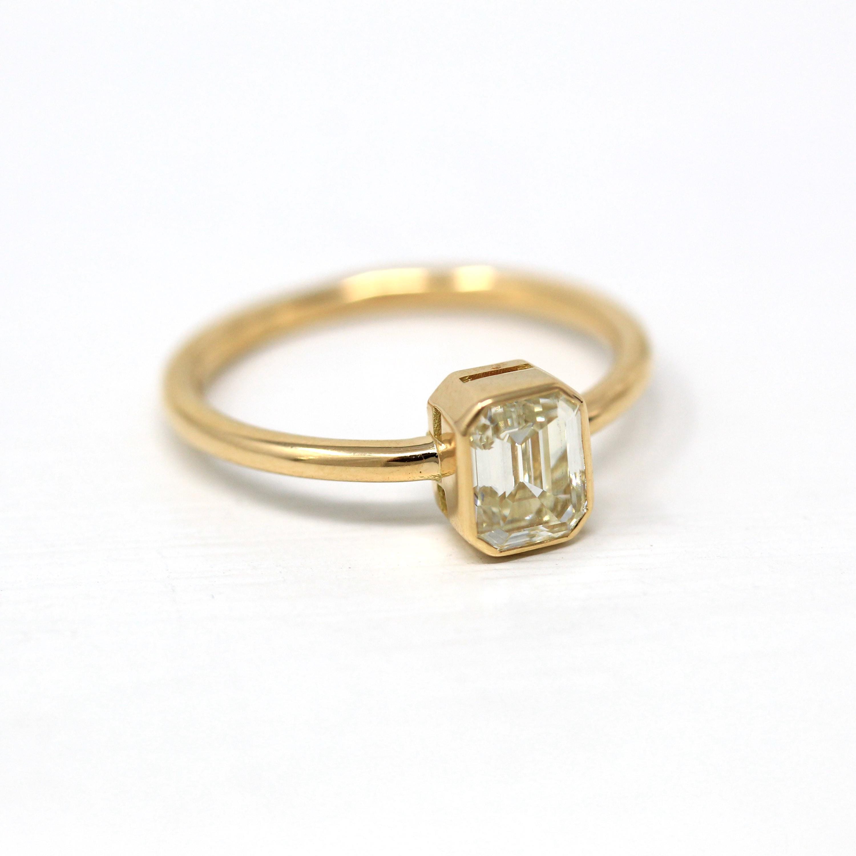 1.15 ct Emerald Cut Diamond Engagement Ring - 18k Yellow Gold Bezel Set Vintage Recycled Gem - Size 6 1/4 Fine Bridal Classic Jewelry