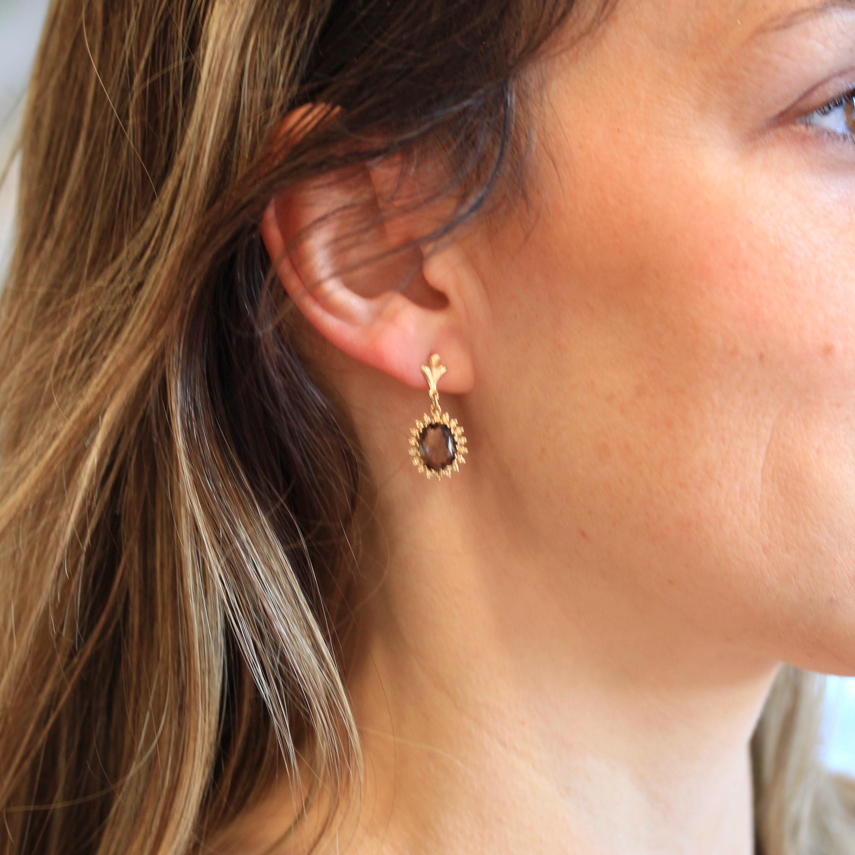 Smoky Quartz Earrings Retro 14k Yellow Gold Pierced Push Back Dangle MJV