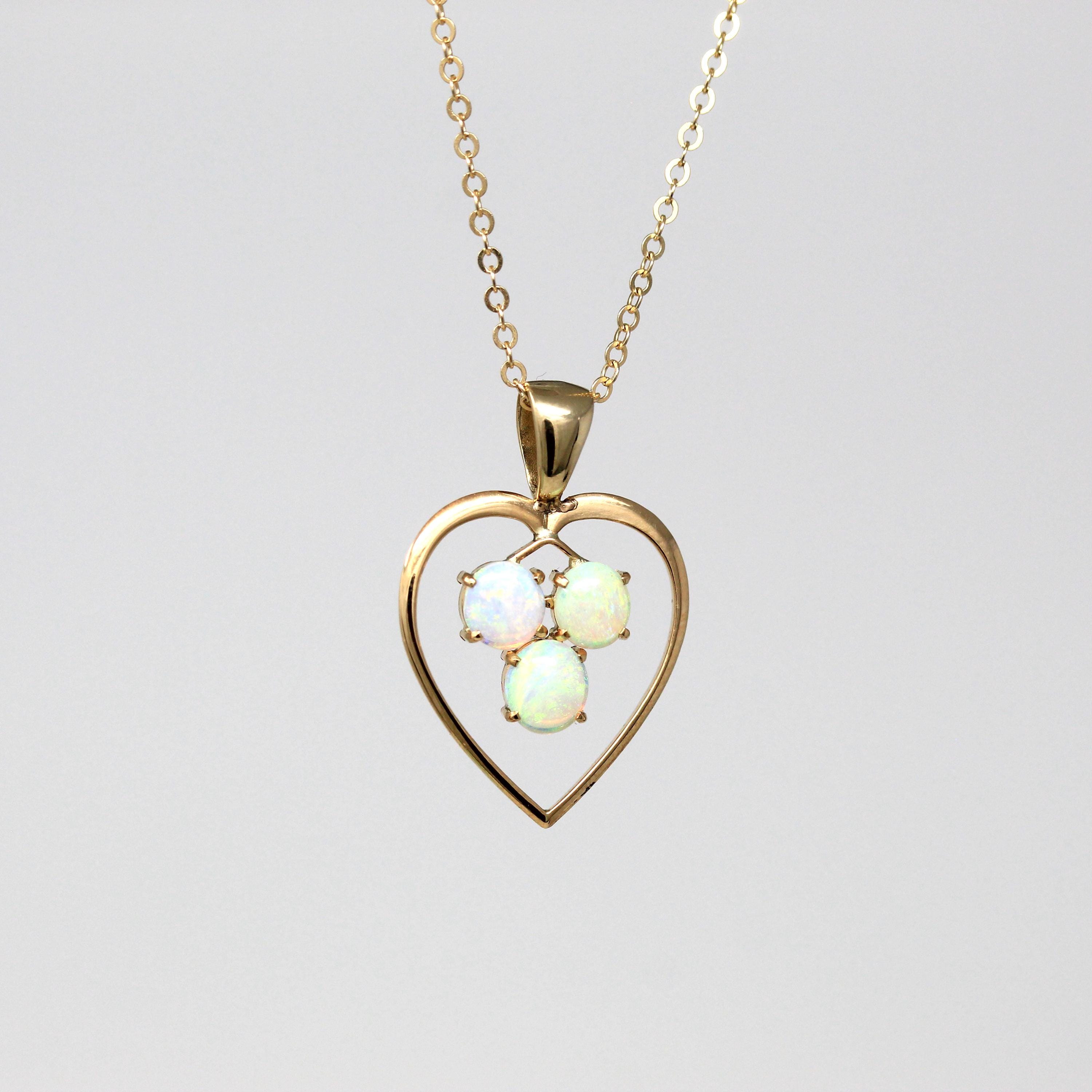 Opal Heart Pendant - Retro 18k Yellow Gold Clover Charm Necklace - Vintage Circa 1960s Era October Birthstone Fine Genuine Gemstones Jewelry