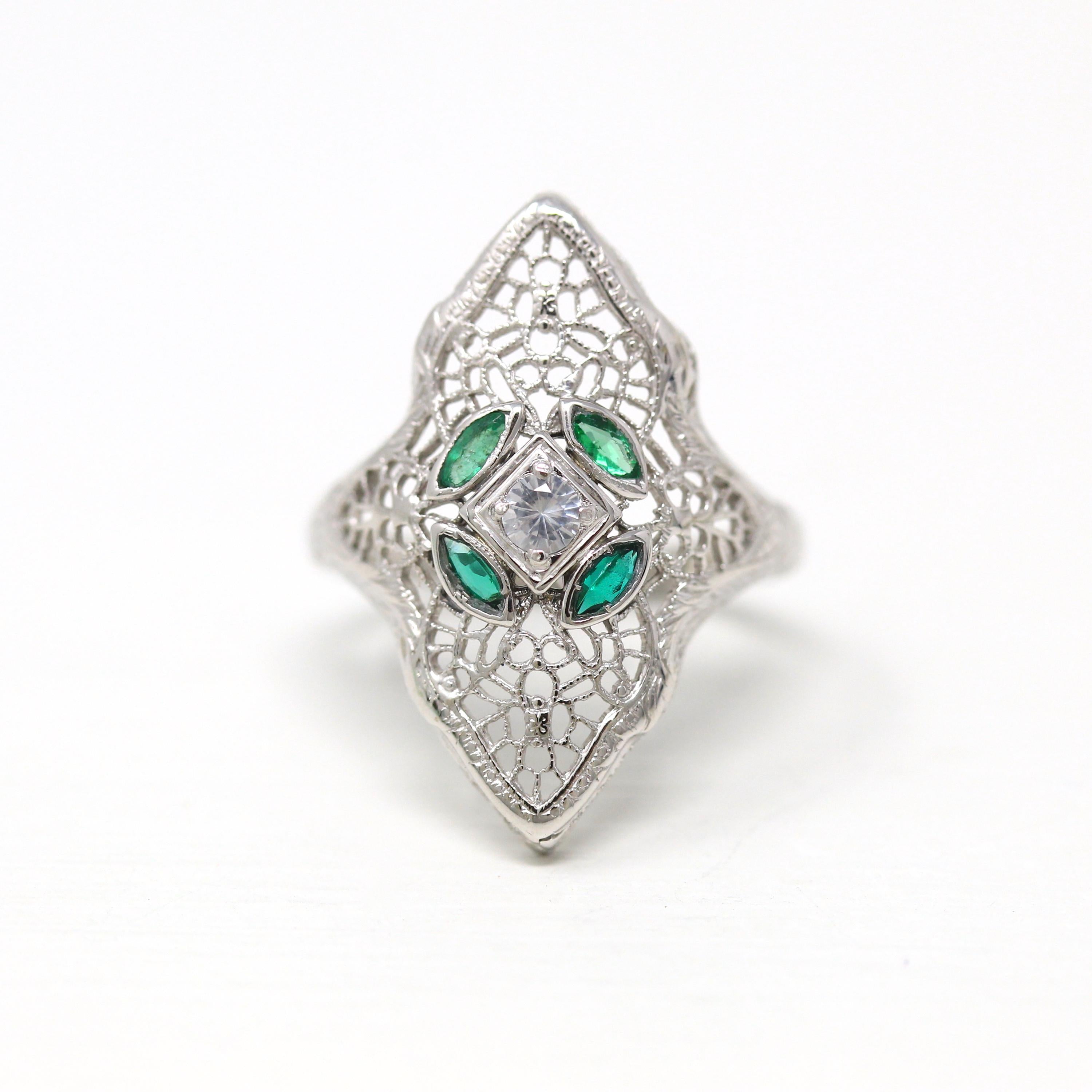 Vintage Shield Ring - Antique 14k White Gold Genuine White Sapphire & Simulated Emerald Filigree - Size 6 3/4 Art Deco 1930s Fine Jewelry