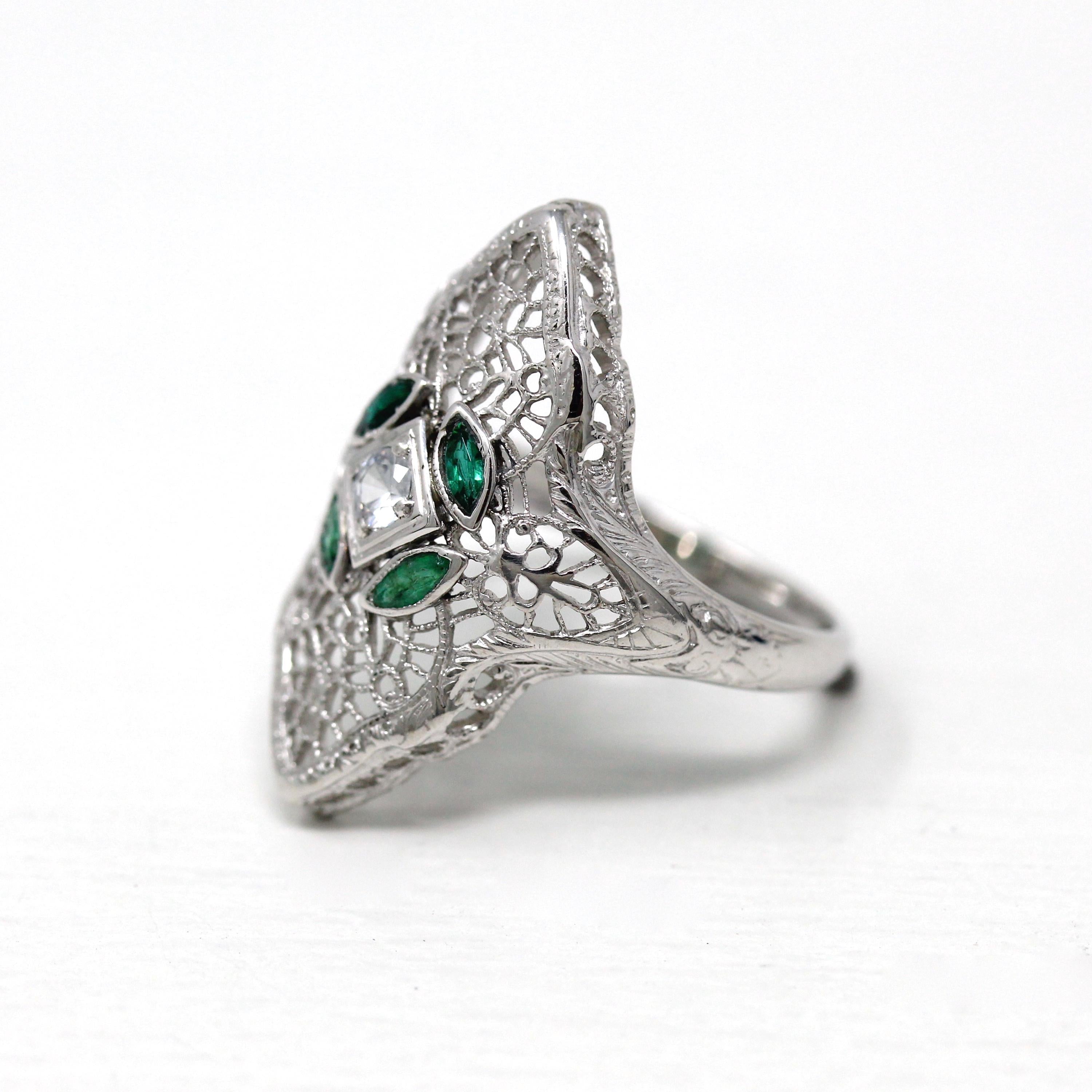 Vintage Shield Ring - Antique 14k White Gold Genuine White Sapphire & Simulated Emerald Filigree - Size 6 3/4 Art Deco 1930s Fine Jewelry