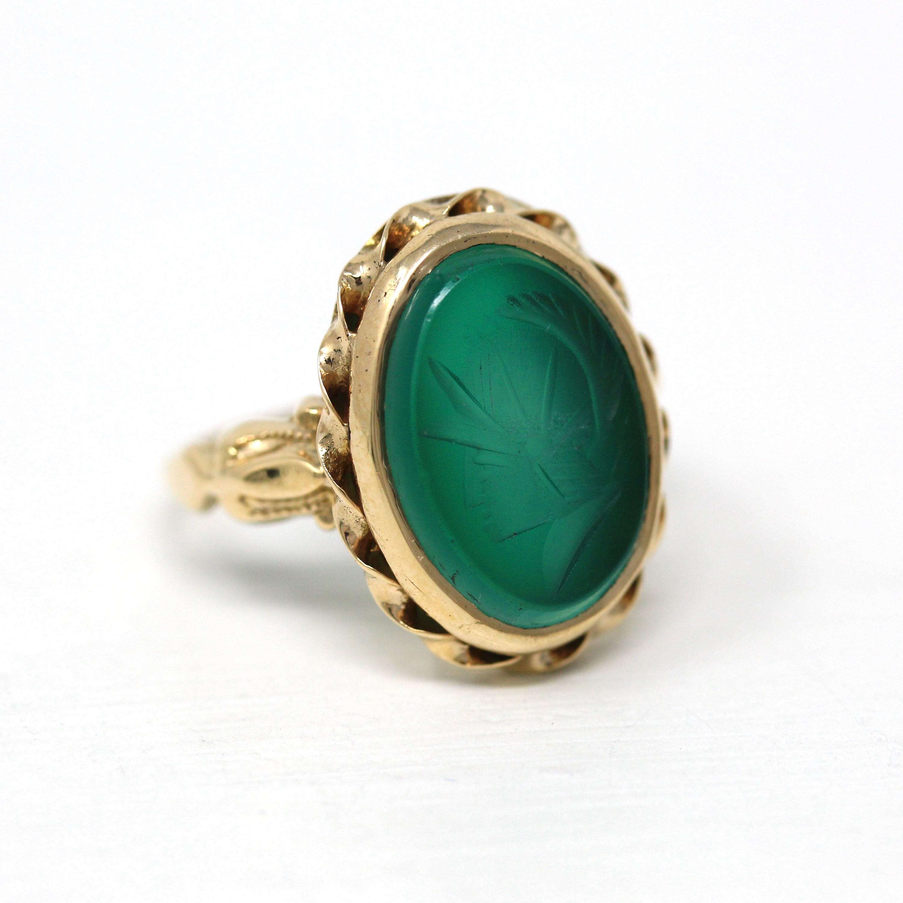 Vintage Intaglio Ring - Retro 10k Yellow Gold Carved Green Glass Warrior - Circa 1940s Era Size 6 Statement Ostby & Barton Fine 60s Jewelry