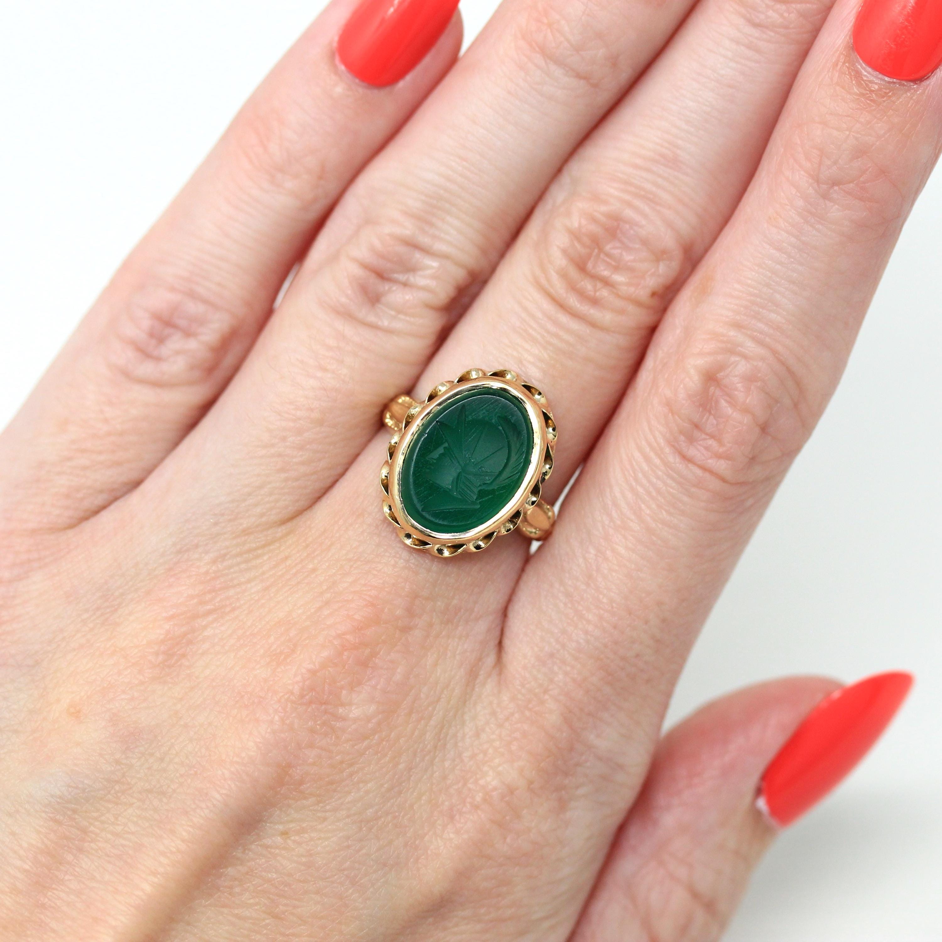 Vintage Intaglio Ring - Retro 10k Yellow Gold Carved Green Glass Warrior - Circa 1940s Era Size 6 Statement Ostby & Barton Fine 60s Jewelry