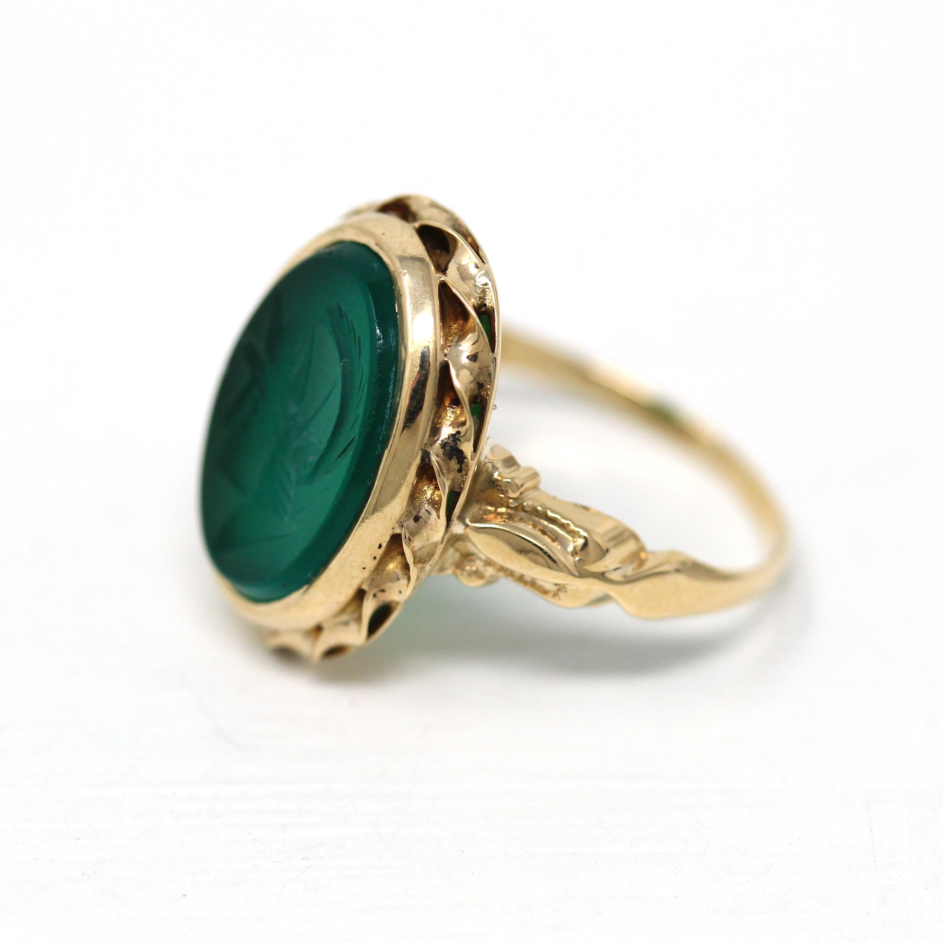 Vintage Intaglio Ring - Retro 10k Yellow Gold Carved Green Glass Warrior - Circa 1940s Era Size 6 Statement Ostby & Barton Fine 60s Jewelry