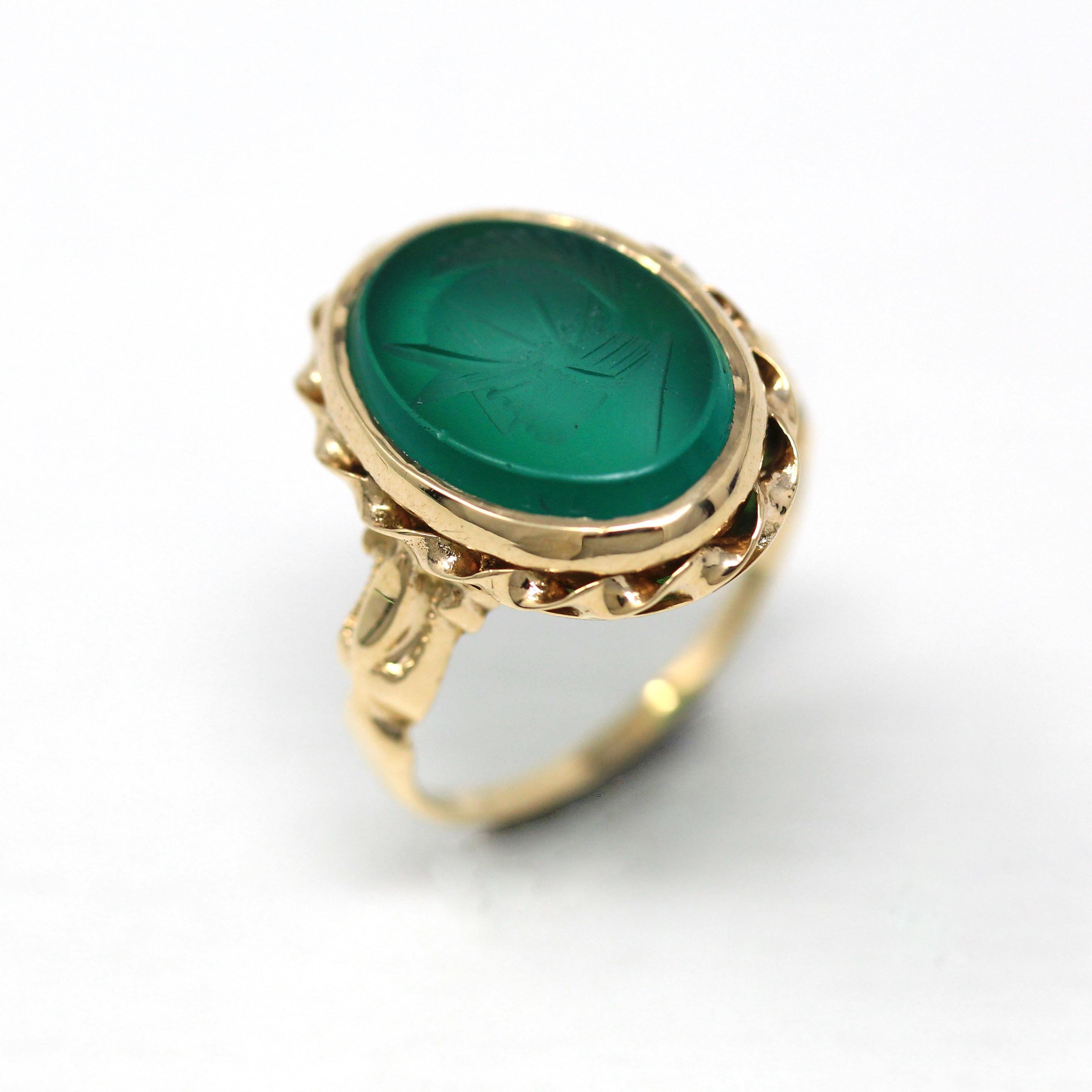 Vintage Intaglio Ring - Retro 10k Yellow Gold Carved Green Glass Warrior - Circa 1940s Era Size 6 Statement Ostby & Barton Fine 60s Jewelry