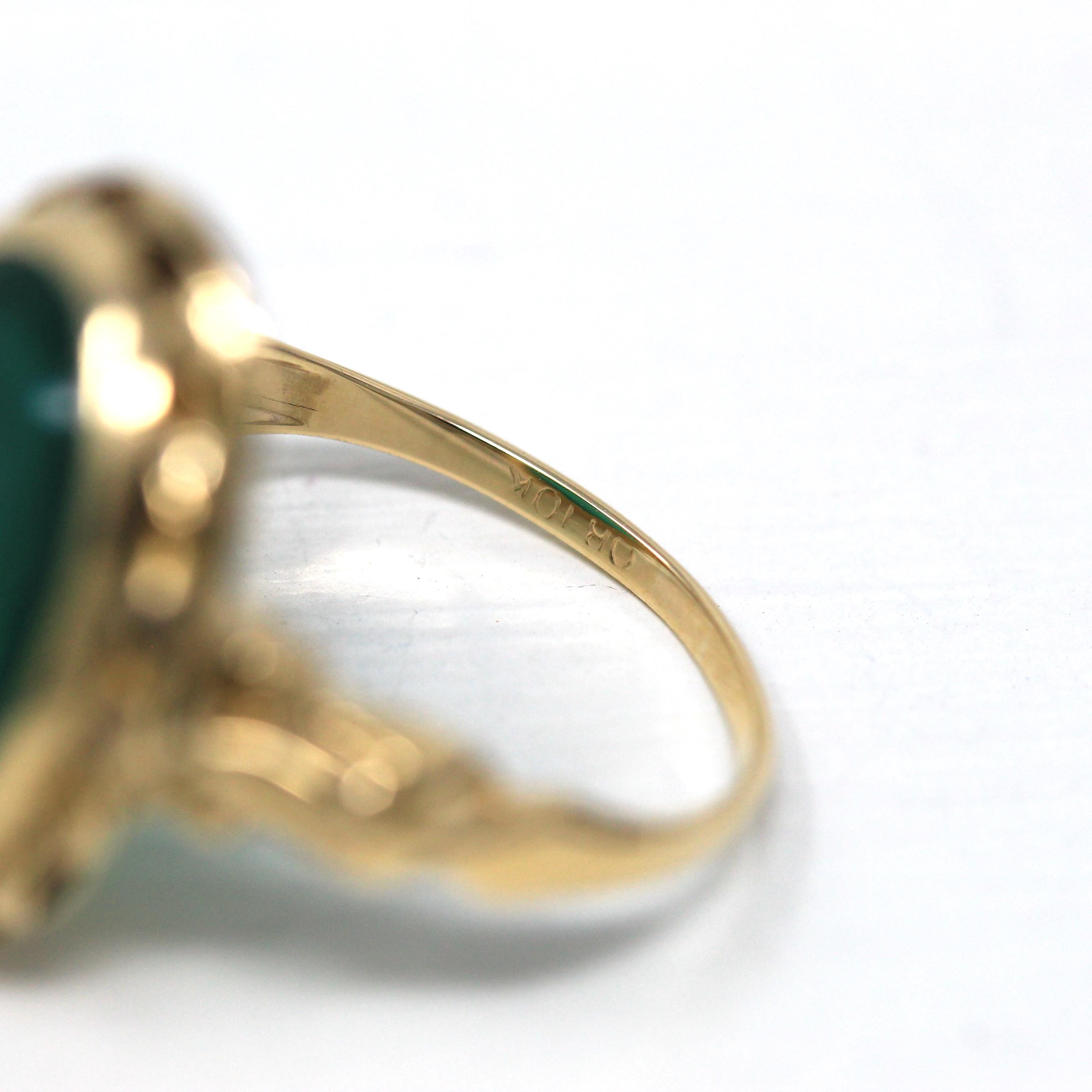 Vintage Intaglio Ring - Retro 10k Yellow Gold Carved Green Glass Warrior - Circa 1940s Era Size 6 Statement Ostby & Barton Fine 60s Jewelry