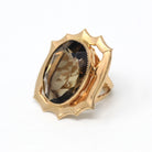 Smoky Quartz Ring - Retro 12k Gold Filled Oval Faceted 23.65 CT Gem - Vintage Circa 1970s Era Size 4 Adjustable Statement Cocktail Jewelry