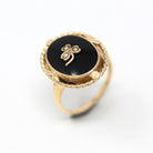 Vintage Onyx Ring - Retro 14k Yellow Gold Seed Pearl Shamrock Genuine Black Gemstone - Circa 1940s Era Size 6 3/4 Statement Fine 40s Jewelry