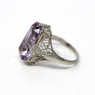 Genuine Amethyst Ring - Art Deco 18k White Gold 5.06 CT Gemstone Flower Filigree - Circa 1930s Era Size 5 3/4 Statement Fine 30s Jewelry