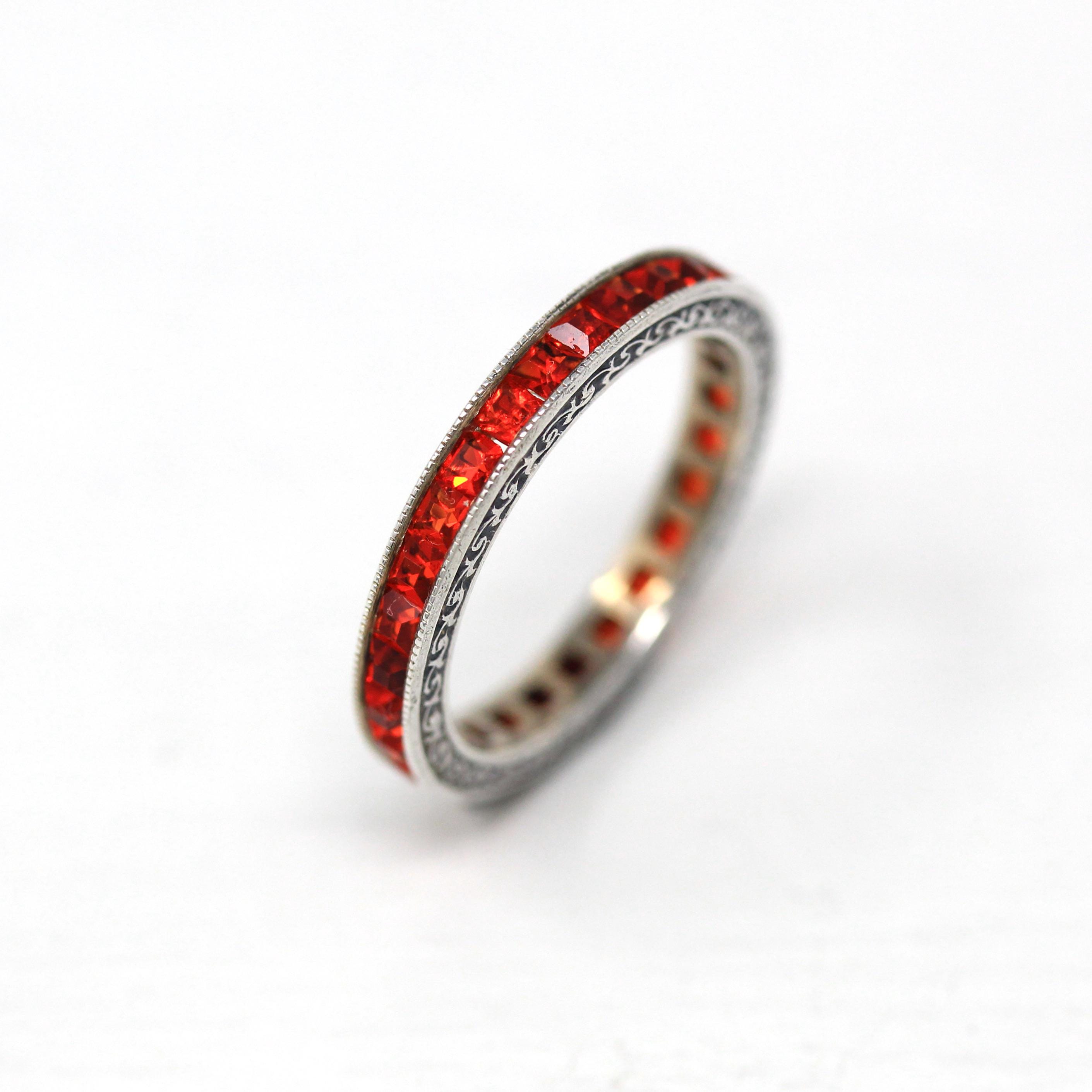 Art Deco Band - Vintage Sterling Silver Orange Red Channel Set Glass Stones Ring - Circa 1930s Era Size 4 Engraved Designs Germany Jewelry