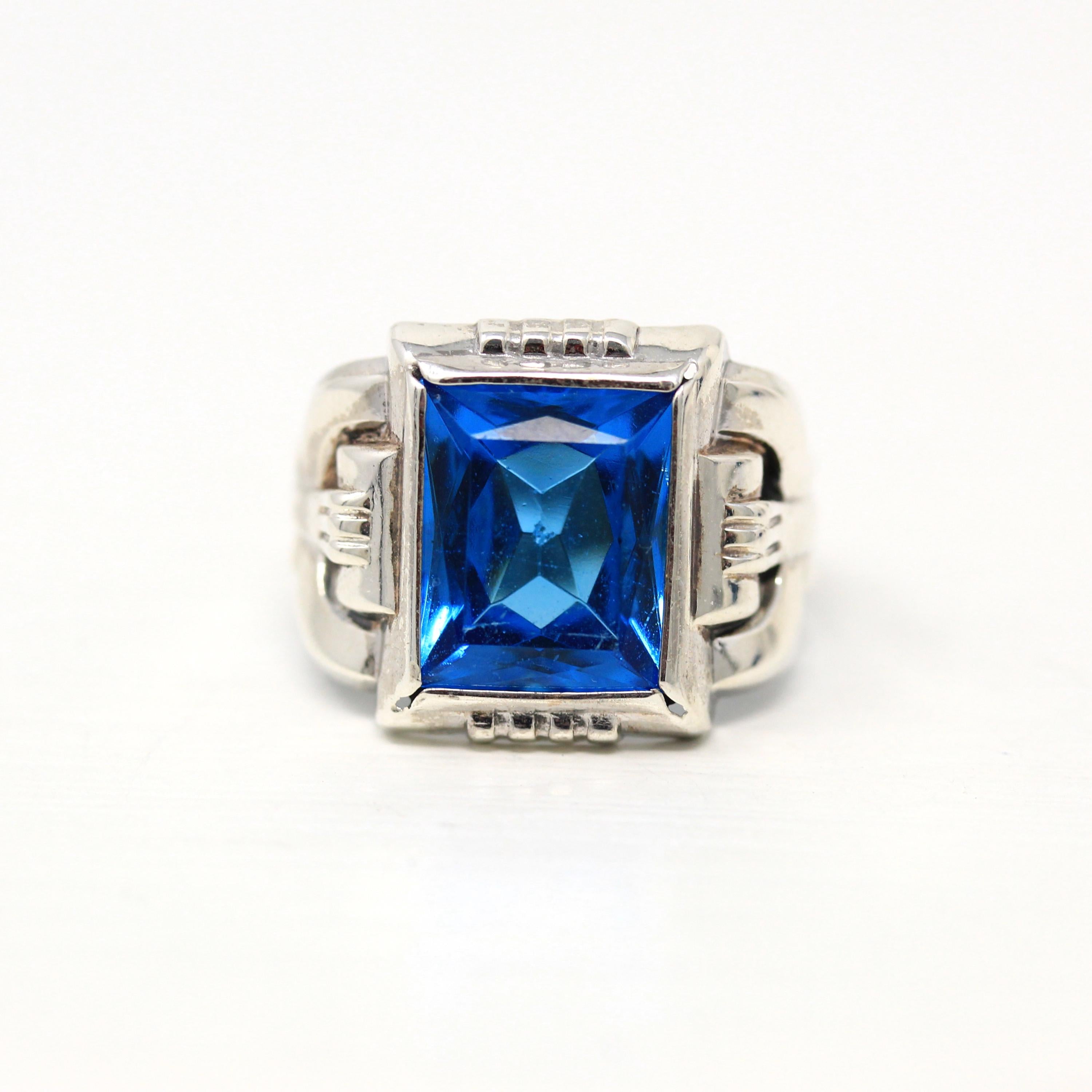 Vintage Sterling Silver Ring - Retro Rectangular Cut Simulated Blue Topaz Glass - 1940s Era Size 6 1/2 Uncas December Birthstone Jewelry