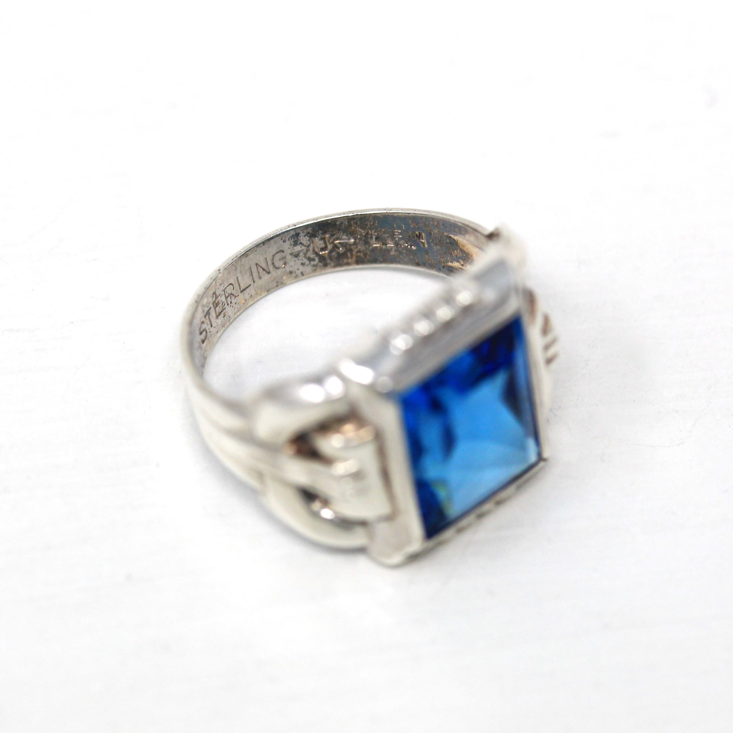 Vintage Sterling Silver Ring - Retro Rectangular Cut Simulated Blue Topaz Glass - 1940s Era Size 6 1/2 Uncas December Birthstone Jewelry