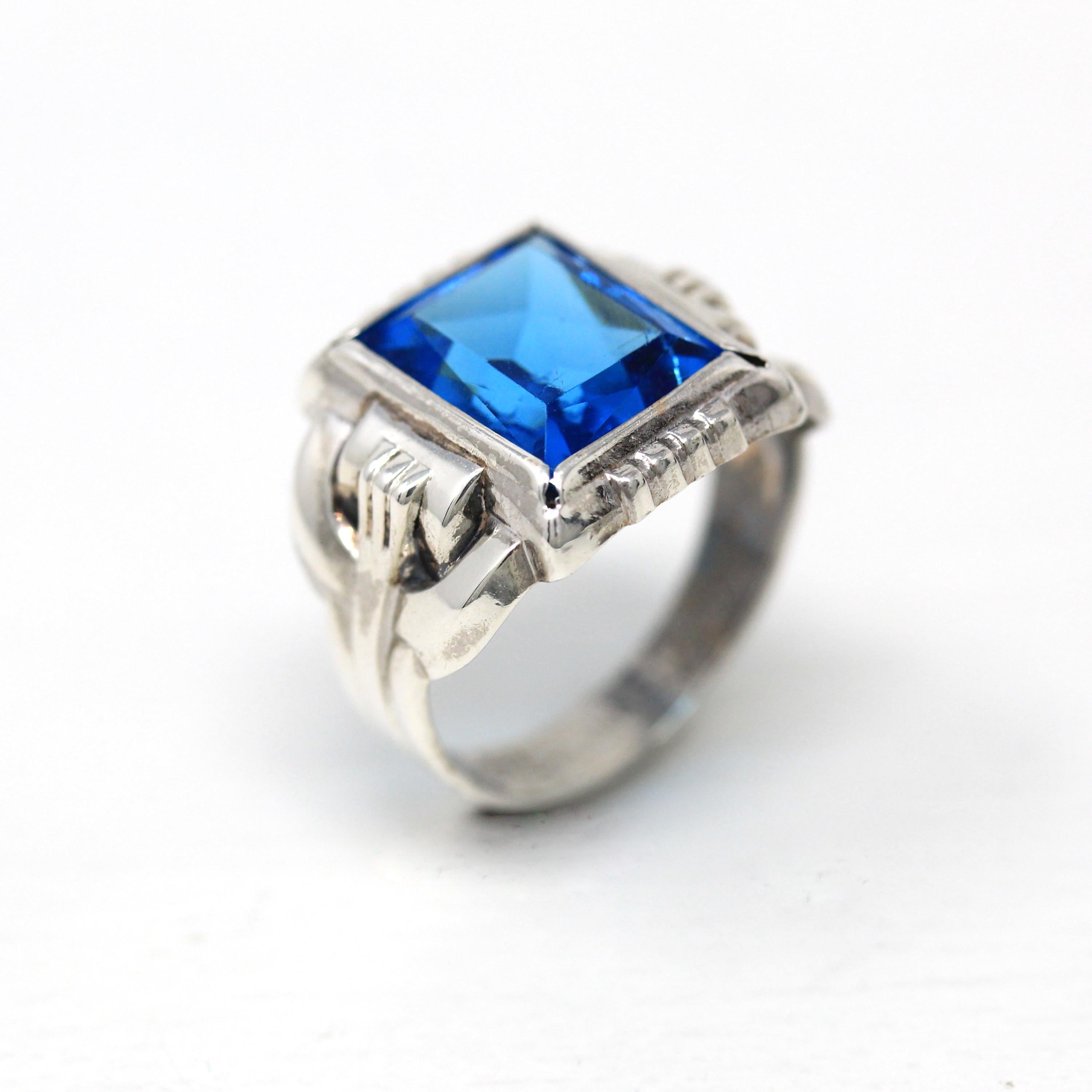 Vintage Sterling Silver Ring - Retro Rectangular Cut Simulated Blue Topaz Glass - 1940s Era Size 6 1/2 Uncas December Birthstone Jewelry