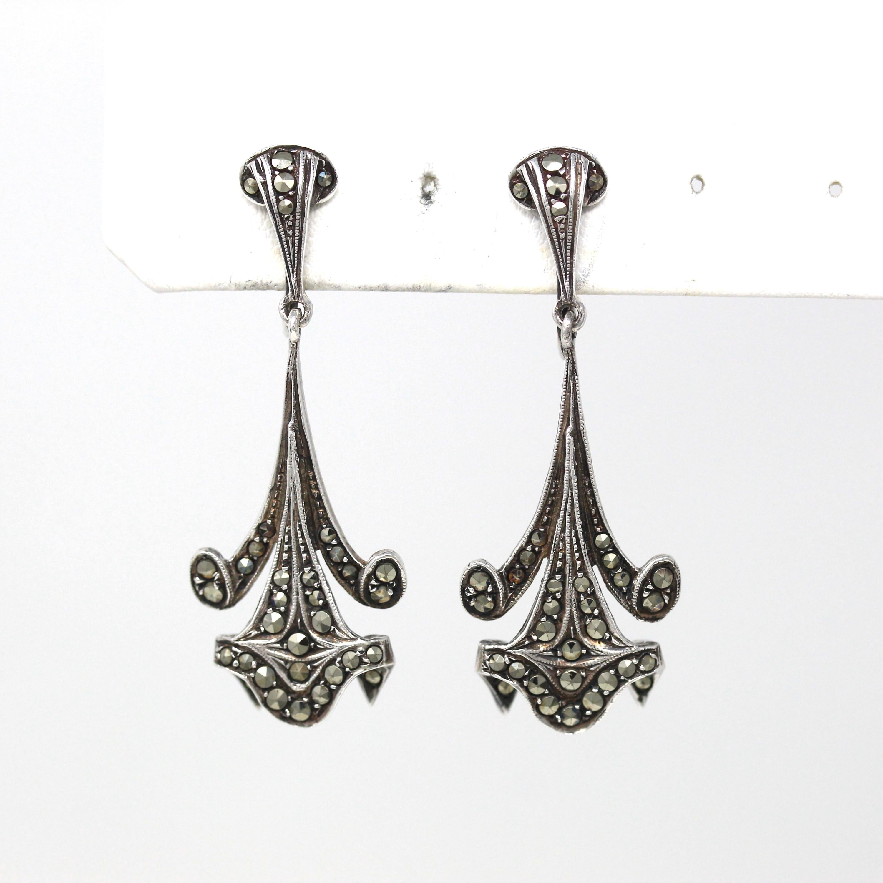 Art Deco Earrings - Vintage Sterling Silver Marcasite Dangling Screw Backs - Vintage Circa 1930s Era Statement Fashion Accessory 30s Jewelry