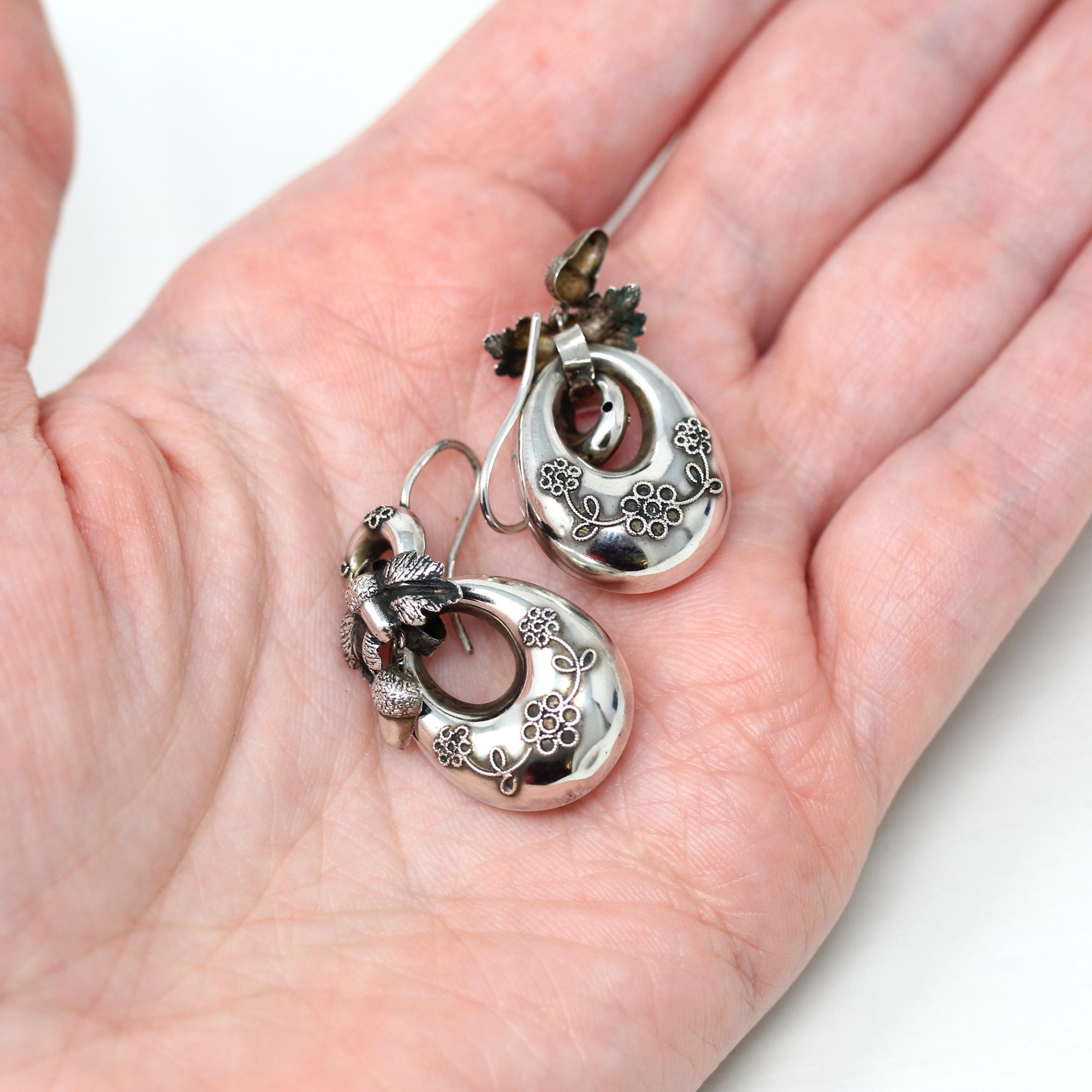 Antique Acorn Earrings - Victorian Sterling Silver Dangle Drop Figural Hollow Pair - Circa 1890s Era Fashion Accessories Flower Leaf Jewelry