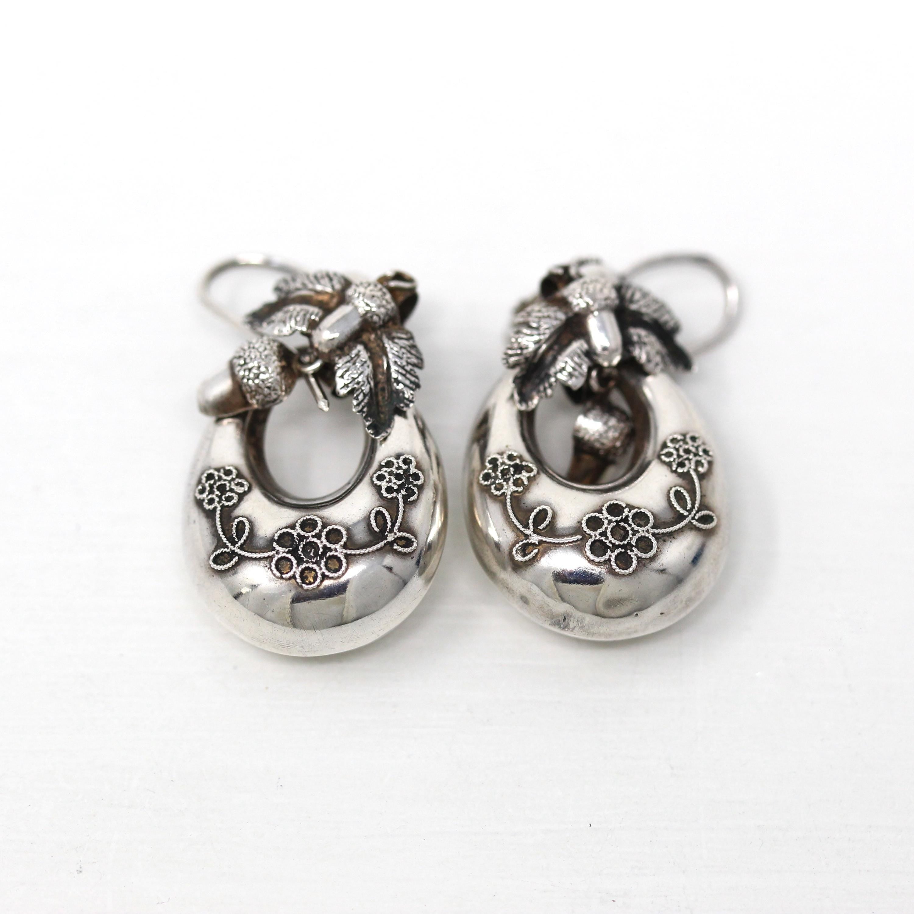 Antique Acorn Earrings - Victorian Sterling Silver Dangle Drop Figural Hollow Pair - Circa 1890s Era Fashion Accessories Flower Leaf Jewelry