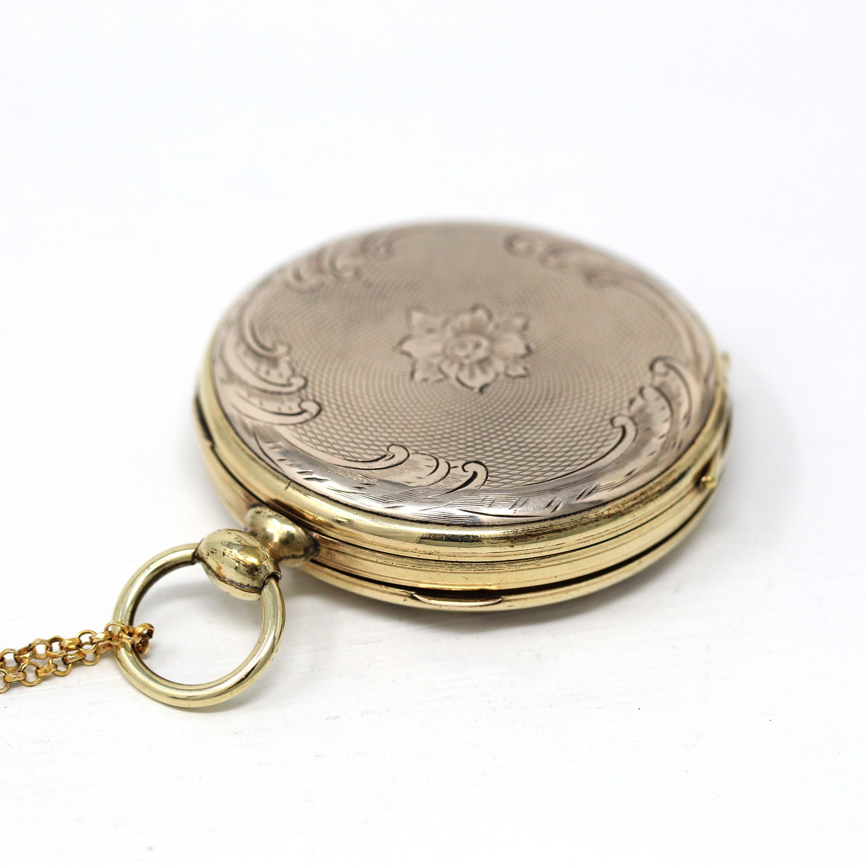 Antique Watch Locket - Victorian Gold Filled Case Engine Turned Flower Pendant Pocket Fob - Circa 1890s Era Quad Fashion Accessory Jewelry