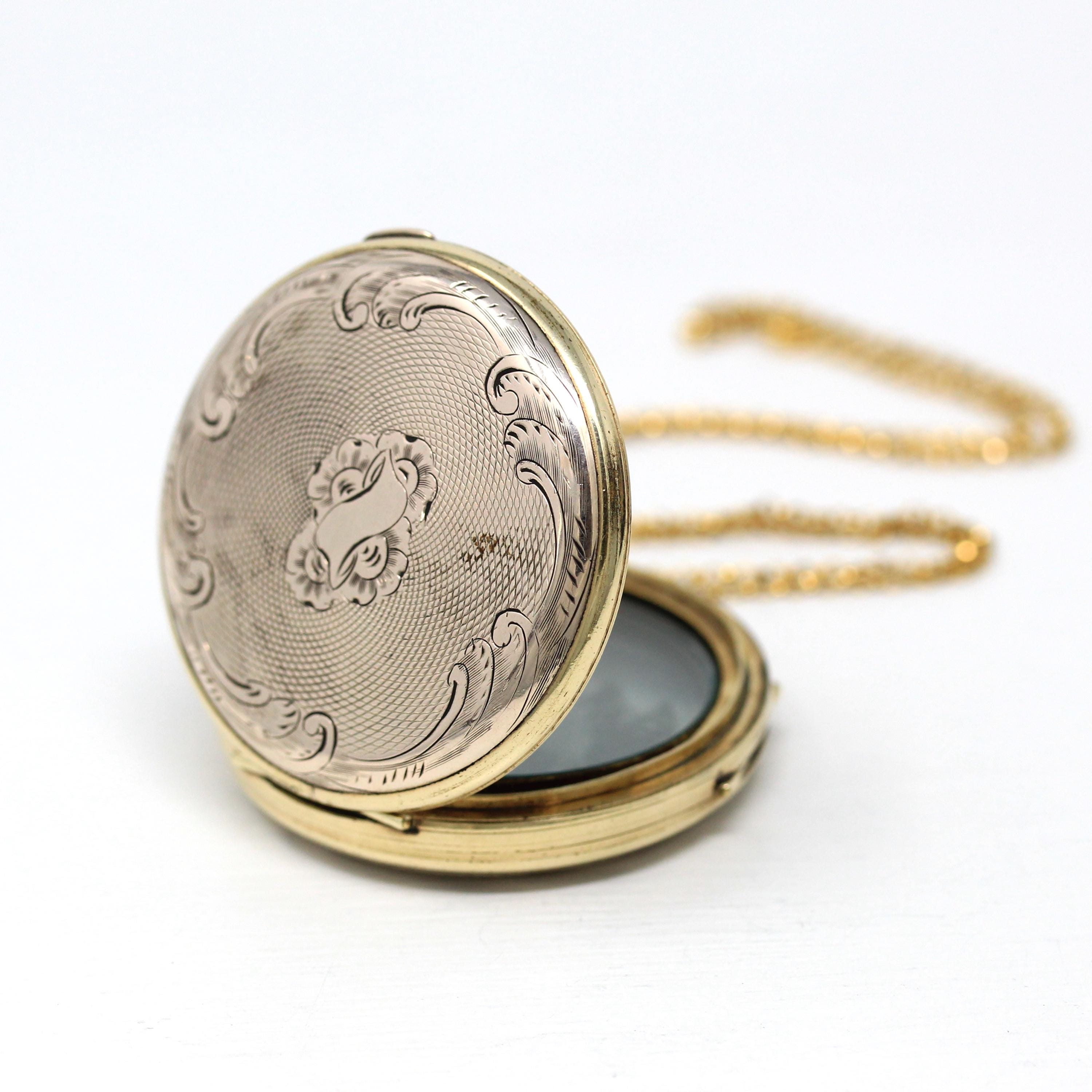 Antique Watch Locket - Victorian Gold Filled Case Engine Turned Flower Pendant Pocket Fob - Circa 1890s Era Quad Fashion Accessory Jewelry