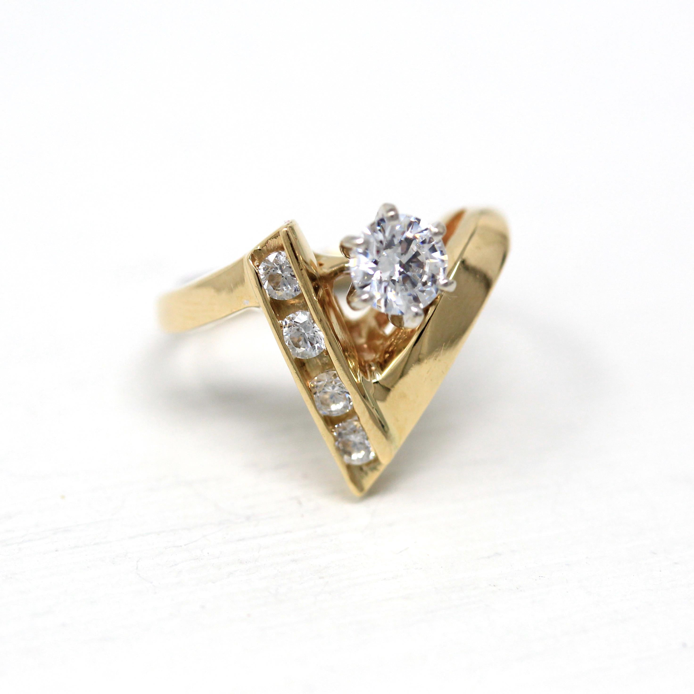 Cubic Zirconia Ring - Modern 14k Yellow Gold Round Faceted Stones "V" Shaped - Estate 1990s Era Size 3 3/4 Promise Anniversary 90's Jewelry