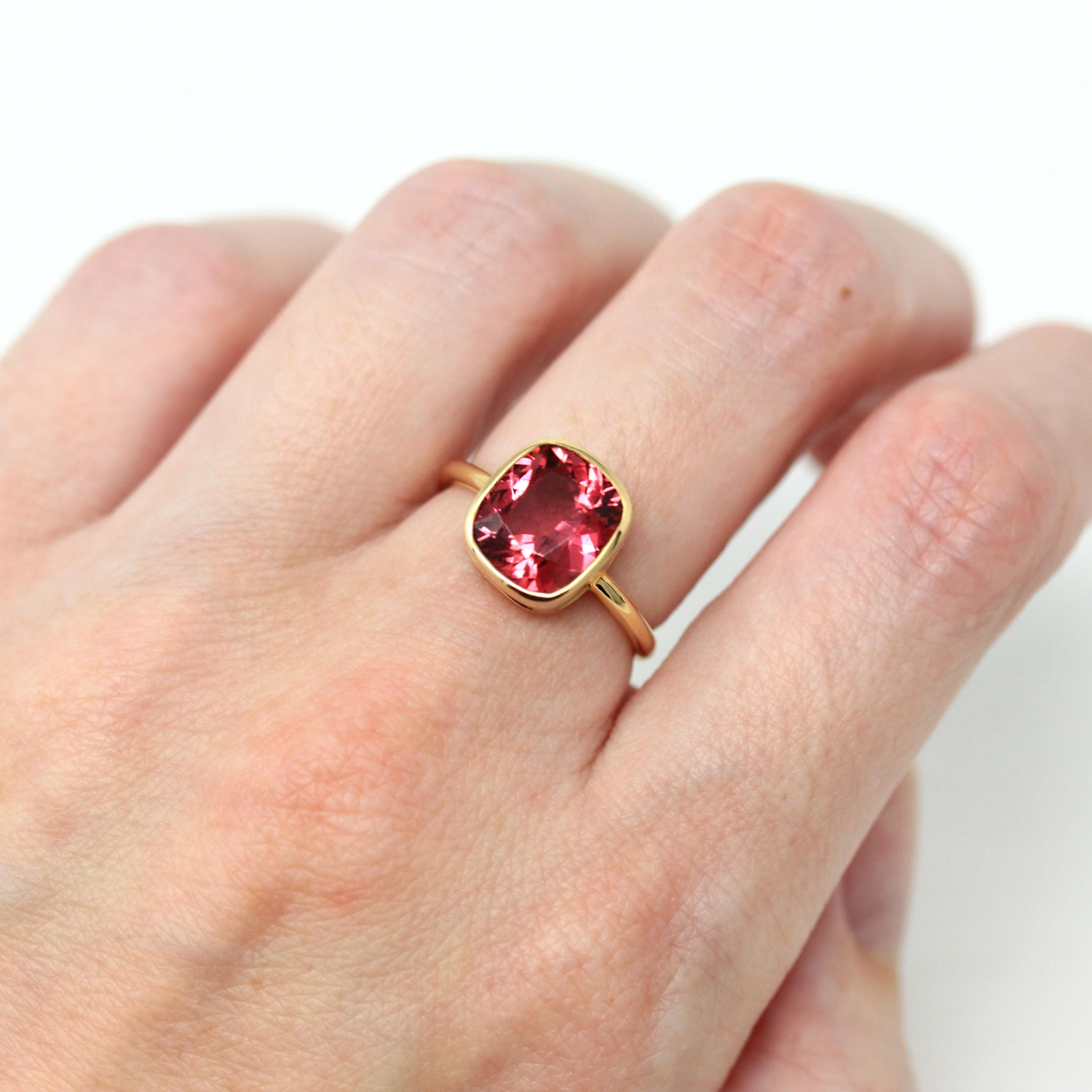 5.60 ct Rubellite Ring - 18k Yellow Gold Bezel Set Pink Gemstone - Modern Size 6 1/4 Cushion Alternative Engagement Fine Cocktail Jewelry