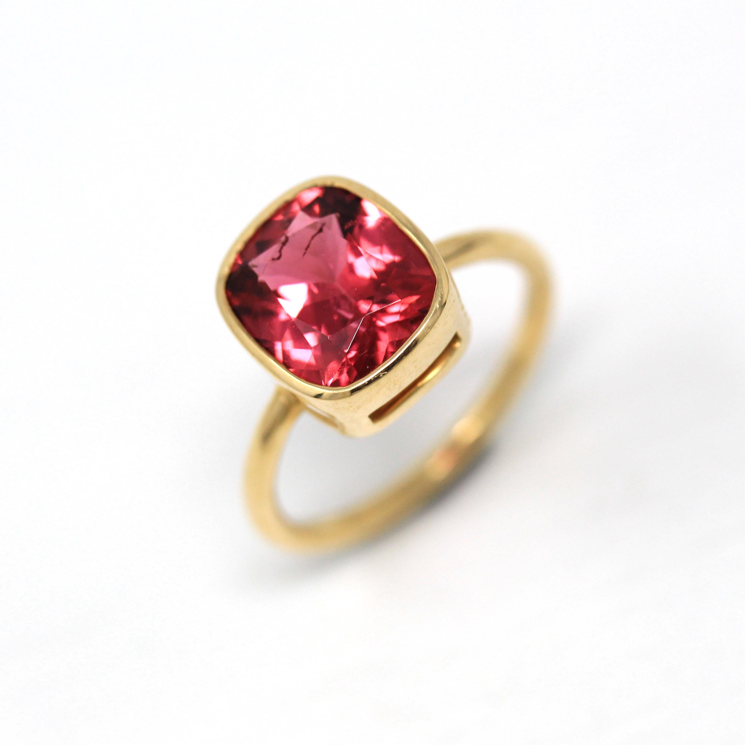 5.60 ct Rubellite Ring - 18k Yellow Gold Bezel Set Pink Gemstone - Modern Size 6 1/4 Cushion Alternative Engagement Fine Cocktail Jewelry