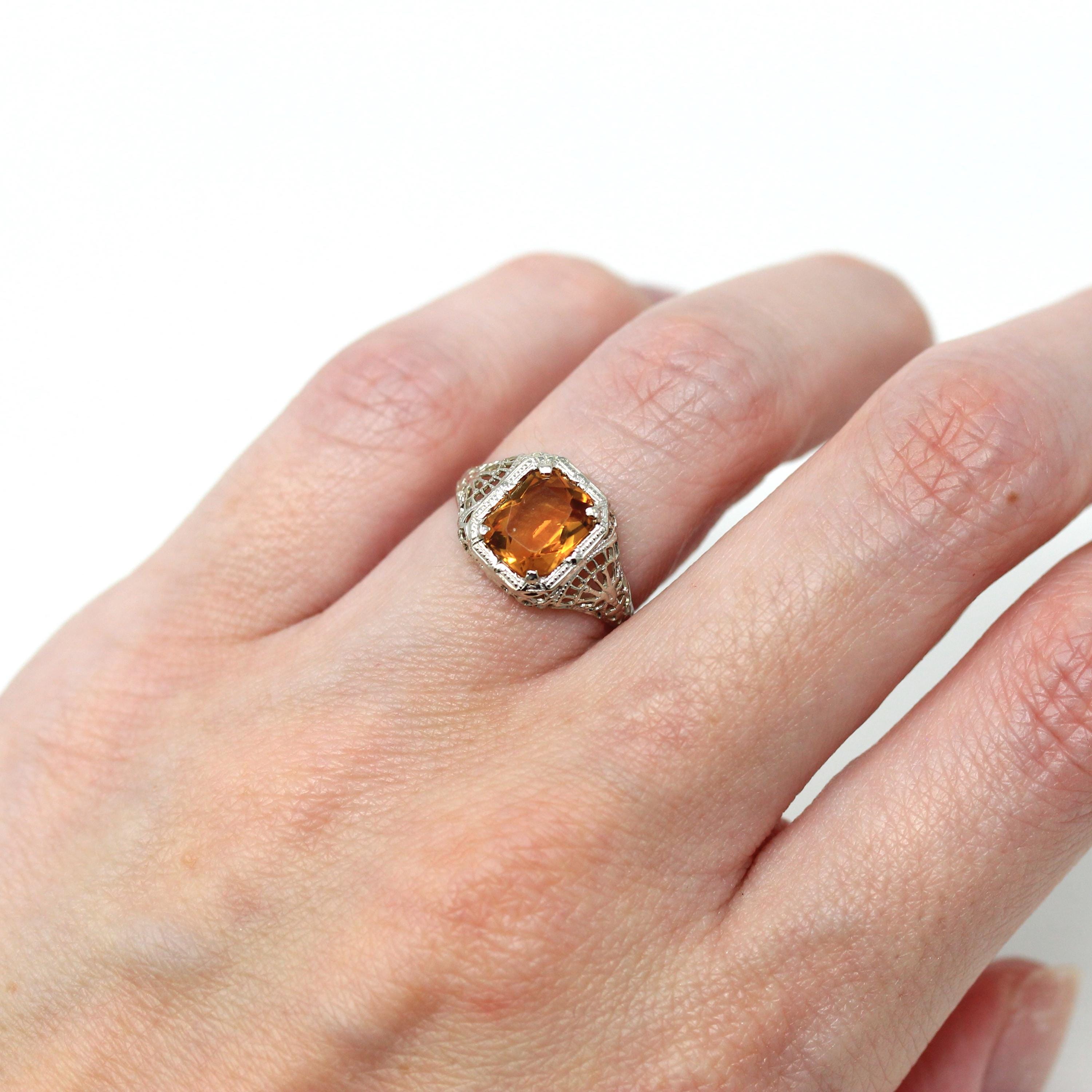 Vintage Filigree Ring - Art Deco Era 14k White Gold Genuine Citrine Solitaire - Vintage Circa 1930s Orange Gemstone Size 5 Fine Jewelry