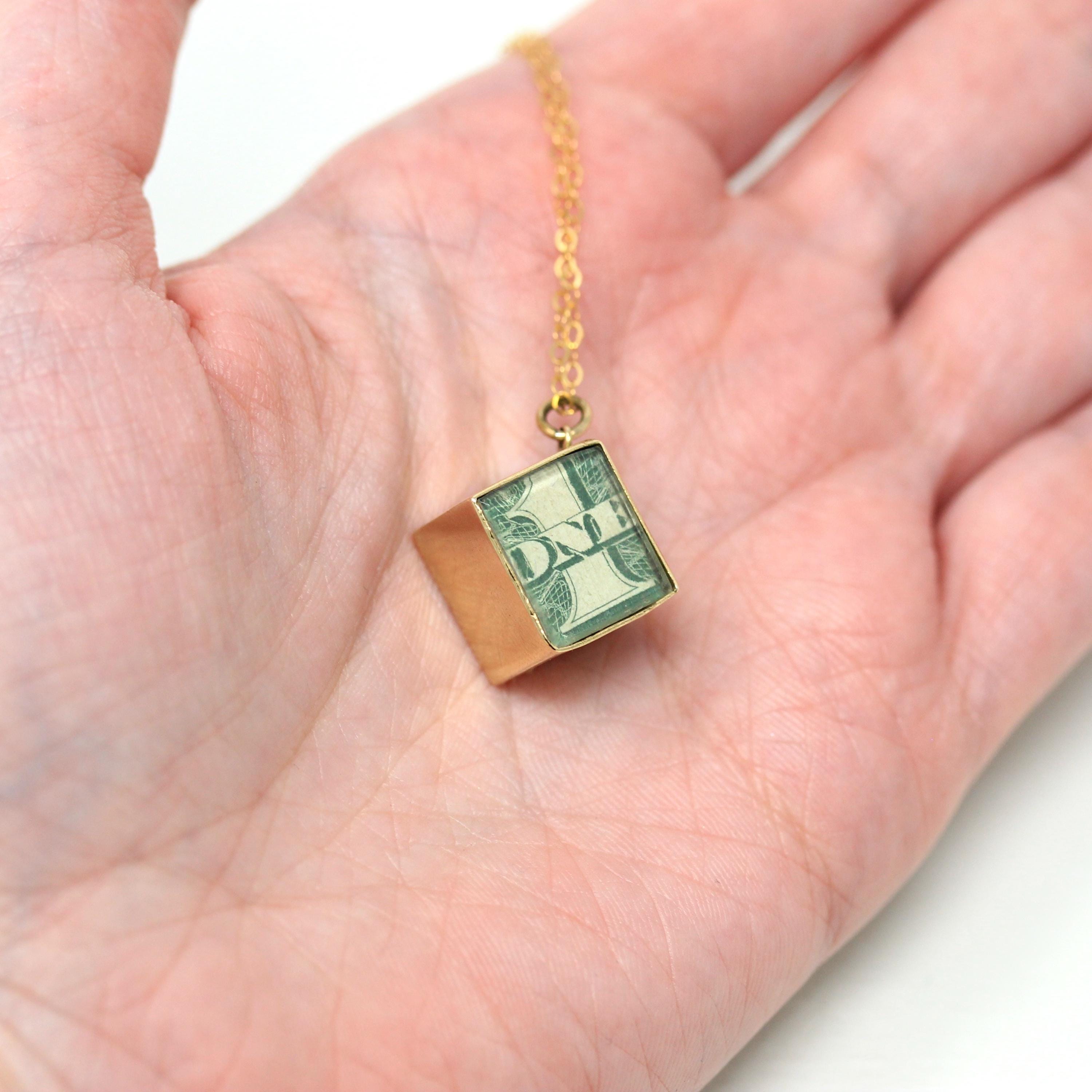 Mad Money Charm - Mid Century 9ct Yellow Gold Pendant "In Emergency Break Glass" - Vintage Circa 1950s Era Dollar Bill Fine Necklace Jewelry