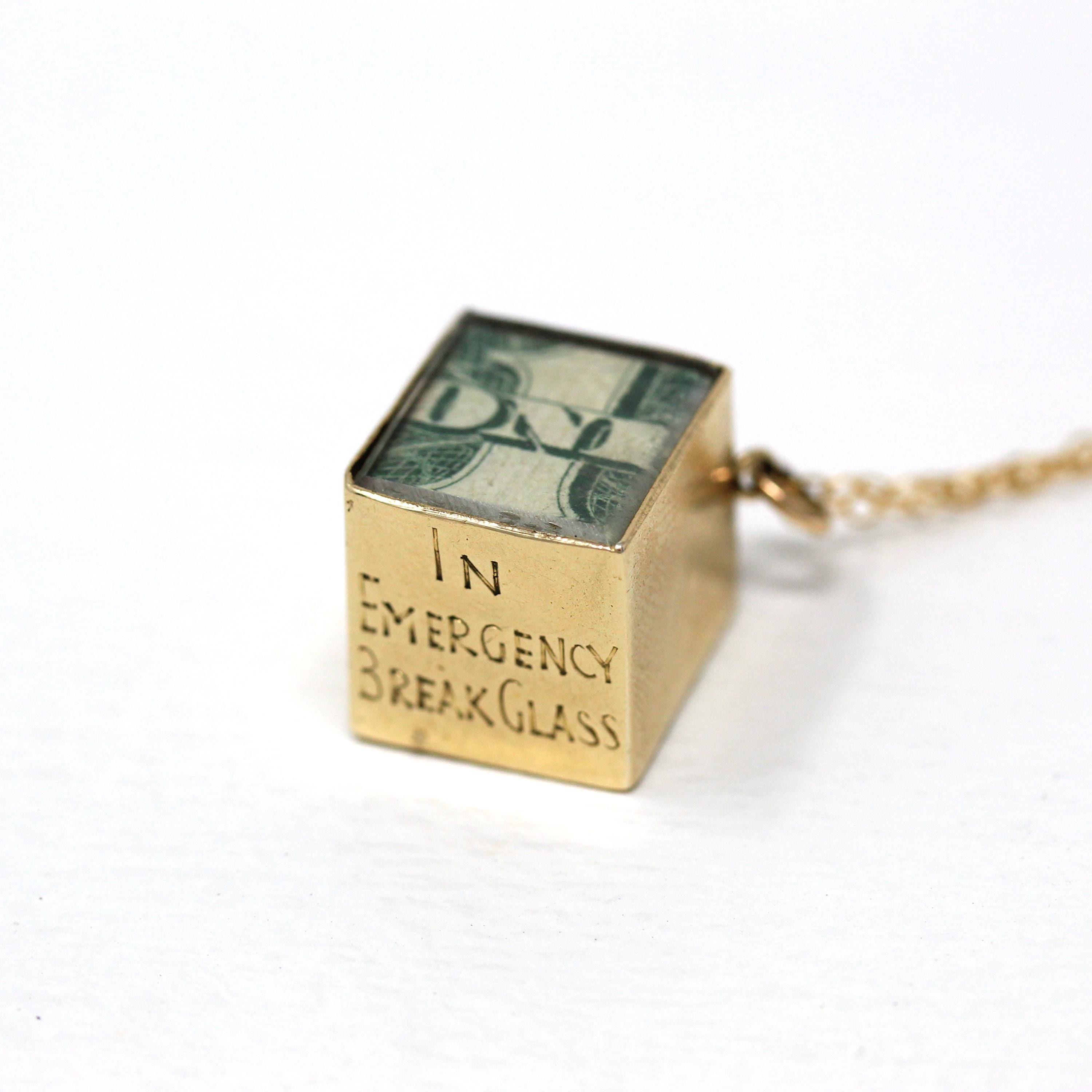 Mad Money Charm - Mid Century 9ct Yellow Gold Pendant "In Emergency Break Glass" - Vintage Circa 1950s Era Dollar Bill Fine Necklace Jewelry