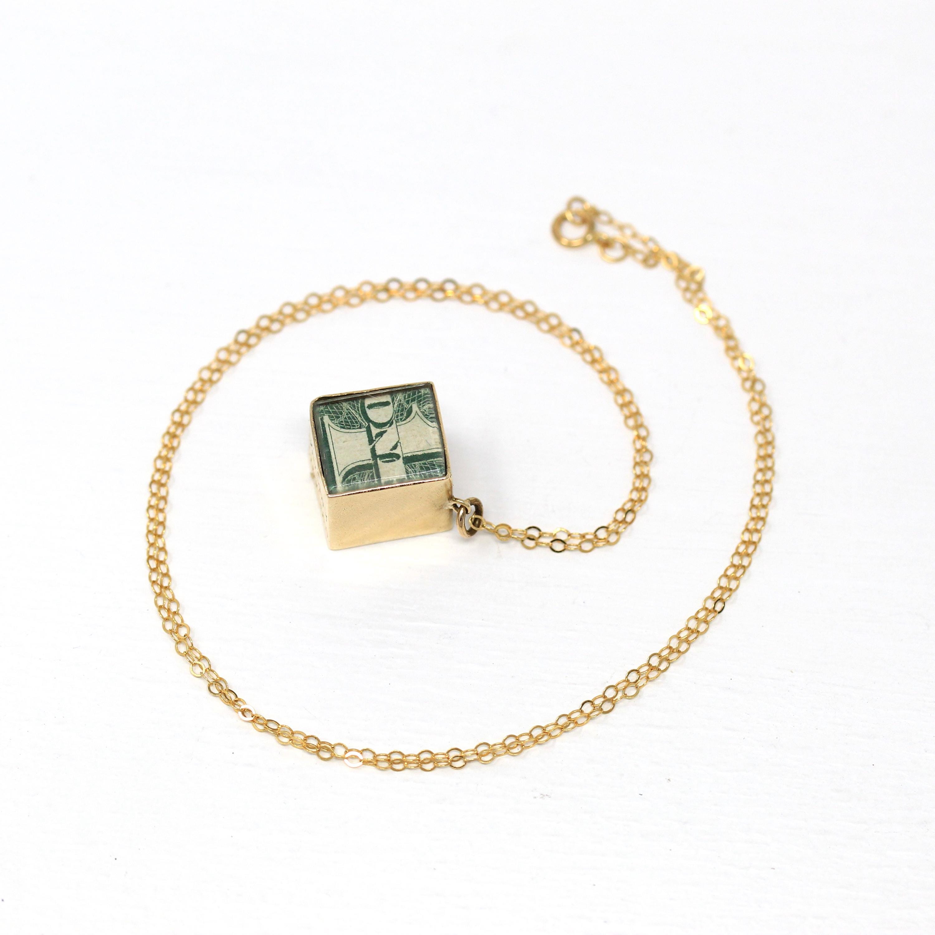 Mad Money Charm - Mid Century 9ct Yellow Gold Pendant "In Emergency Break Glass" - Vintage Circa 1950s Era Dollar Bill Fine Necklace Jewelry