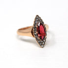 Antique Navette Ring - Victorian 10k Rose Gold Genuine Rose Cut Diamonds & Simulated Garnet - Vintage Circa 1890s Size 6 Fine Gem Jewelry