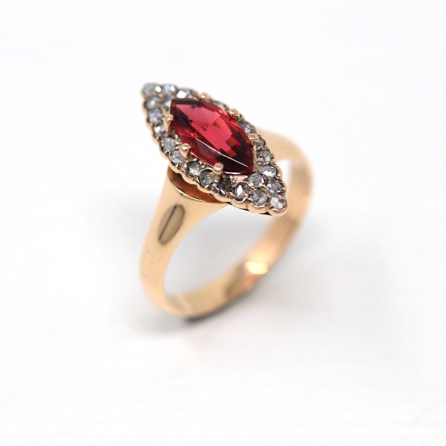 Antique Navette Ring - Victorian 10k Rose Gold Genuine Rose Cut Diamonds & Simulated Garnet - Vintage Circa 1890s Size 6 Fine Gem Jewelry