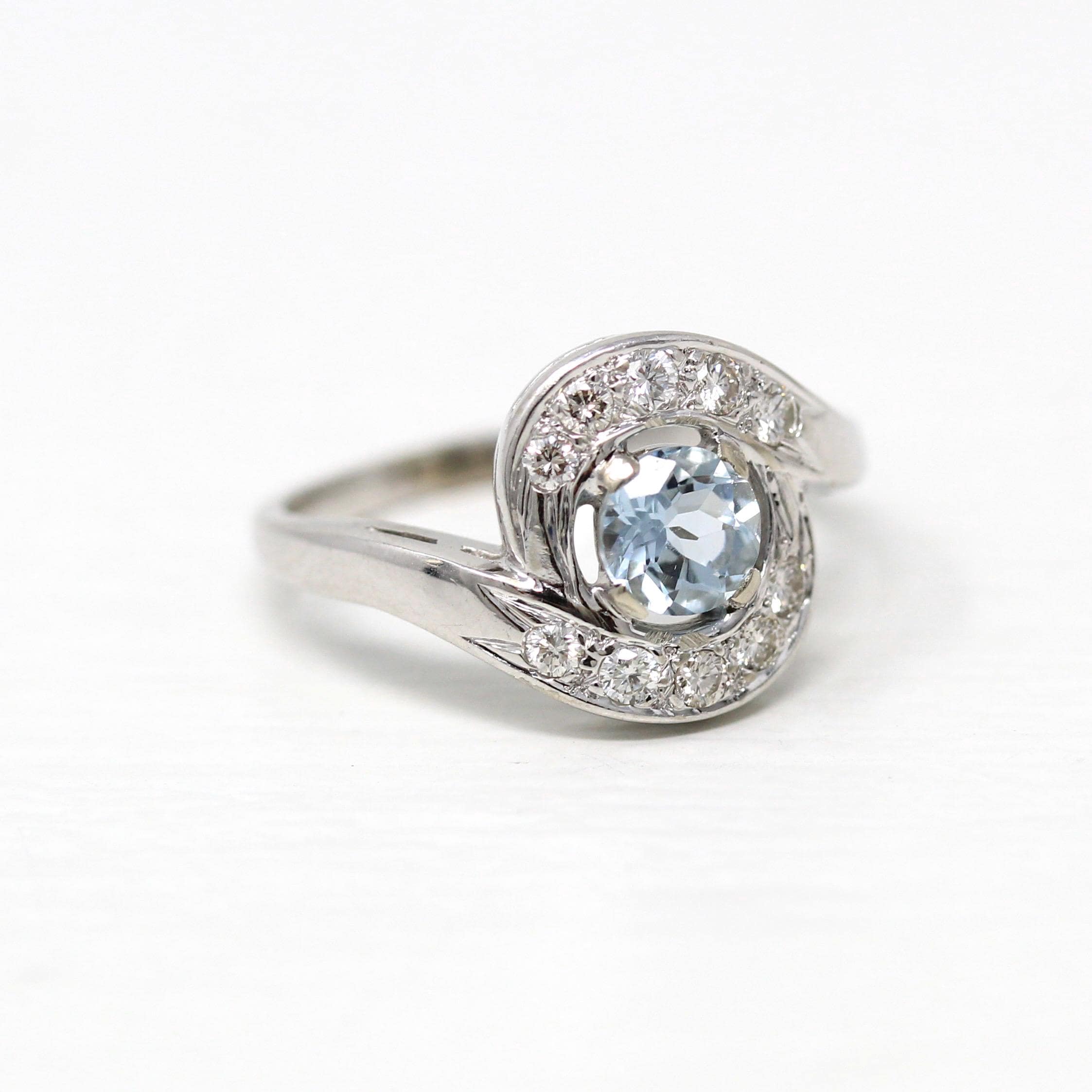 Mid Century Aquamarine Ring - Vintage 14k White Gold Genuine .37 CT Blue Gem - Circa 1950s Size 5 1/4 Alternative Engagement Fine Jewelry