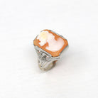 Filigree Cameo Ring - Vintage Art Deco 10k White Gold Genuine Carved Shell Gem - Antique Circa 1930s Size 6 3/4 MB Bryant Fine Jewelry