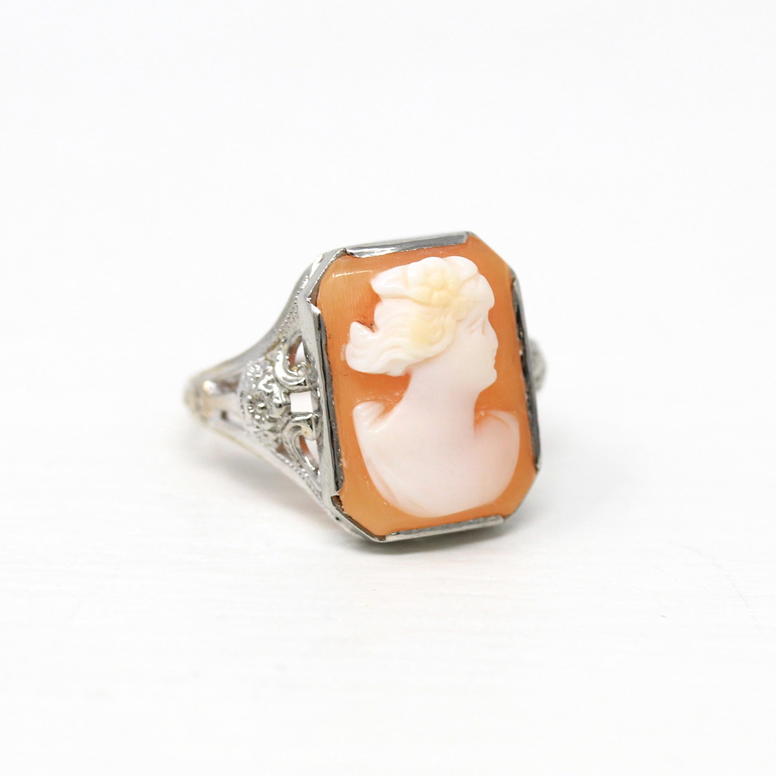 Filigree Cameo Ring - Vintage Art Deco 10k White Gold Genuine Carved Shell Gem - Antique Circa 1930s Size 6 3/4 MB Bryant Fine Jewelry