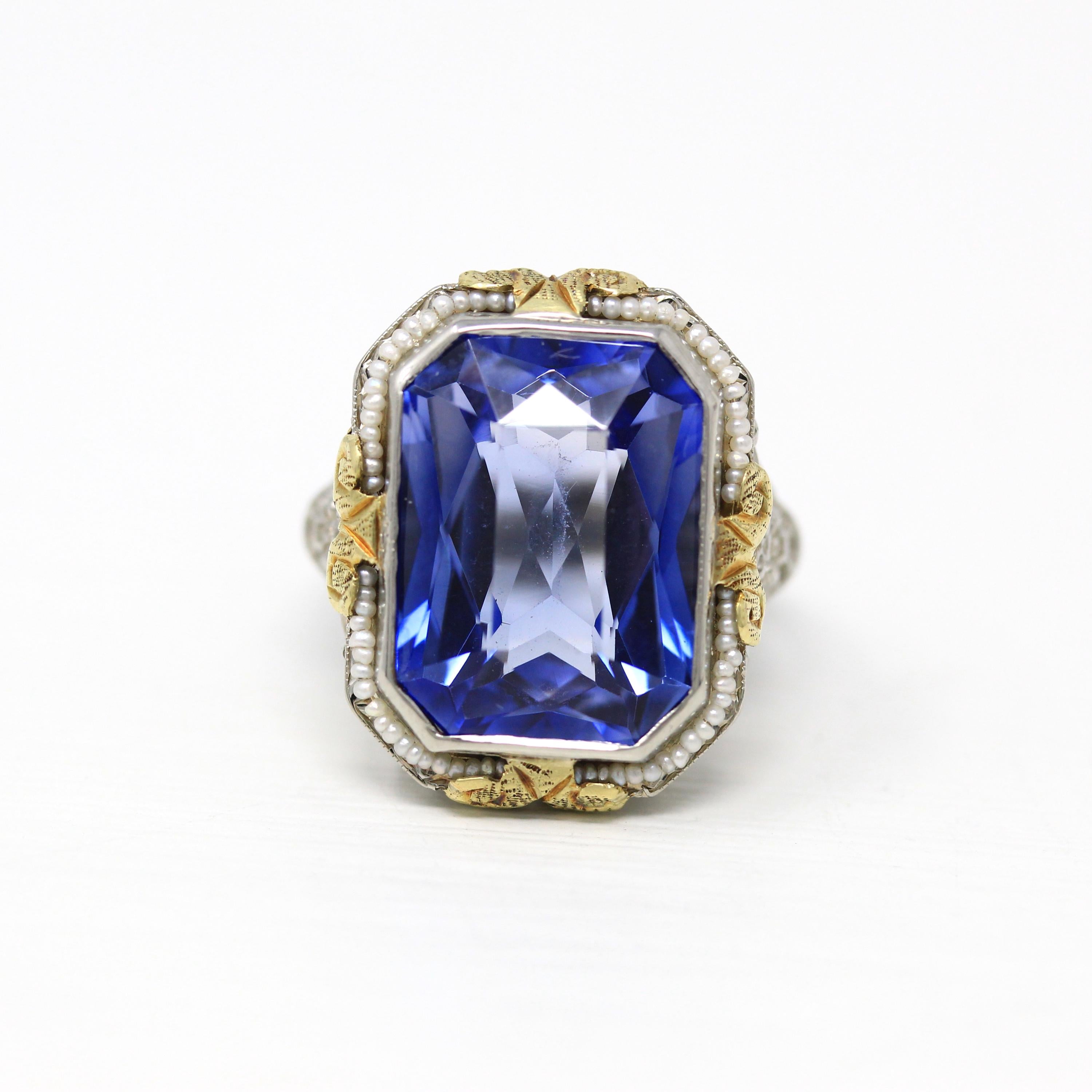 Vintage Art Deco Ring - 14k White Gold 12.4 Ct Created Sapphire Seed Pearl Halo Statement - Circa 1930s Flower Size 6 Two Tone Fine Jewelry