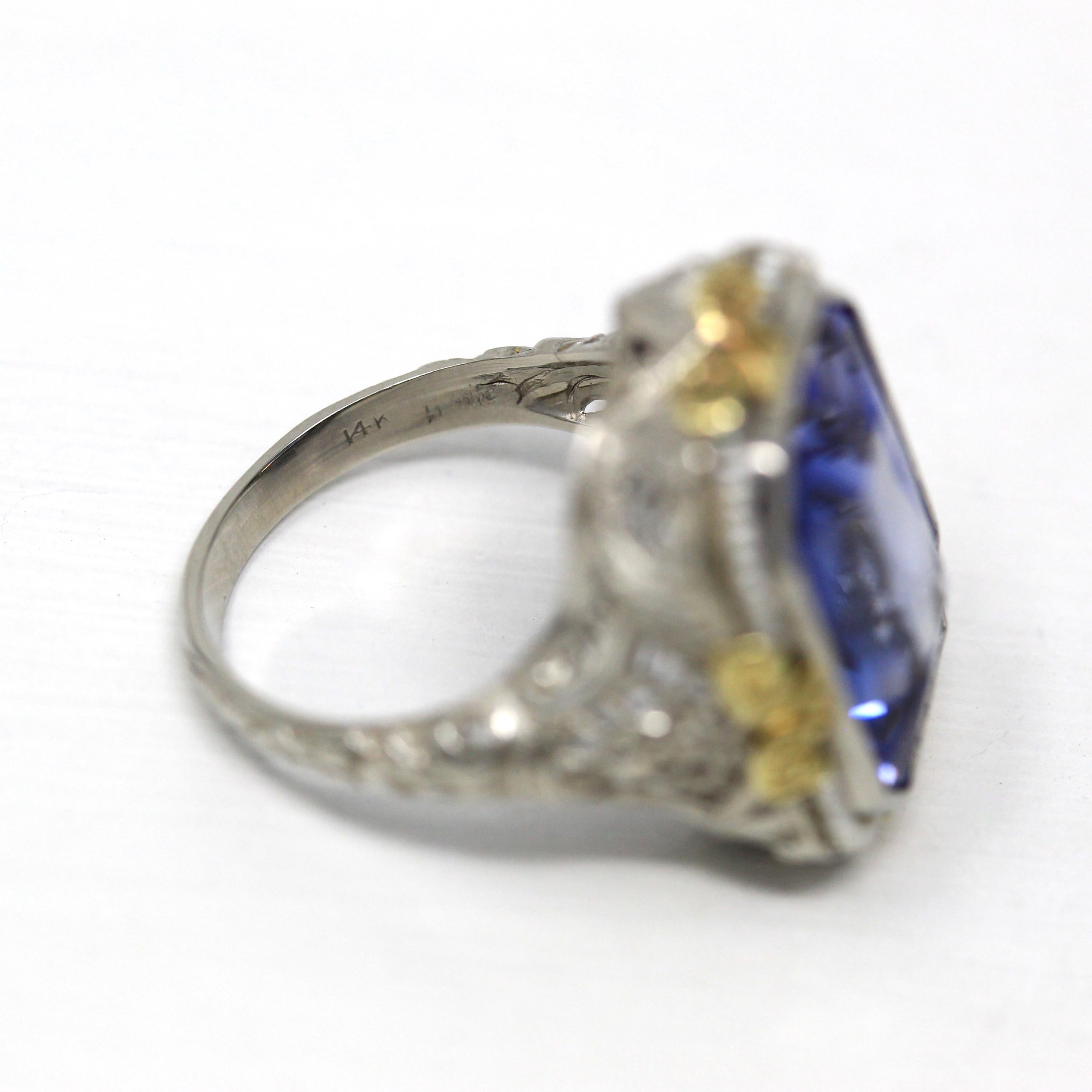 Vintage Art Deco Ring - 14k White Gold 12.4 Ct Created Sapphire Seed Pearl Halo Statement - Circa 1930s Flower Size 6 Two Tone Fine Jewelry