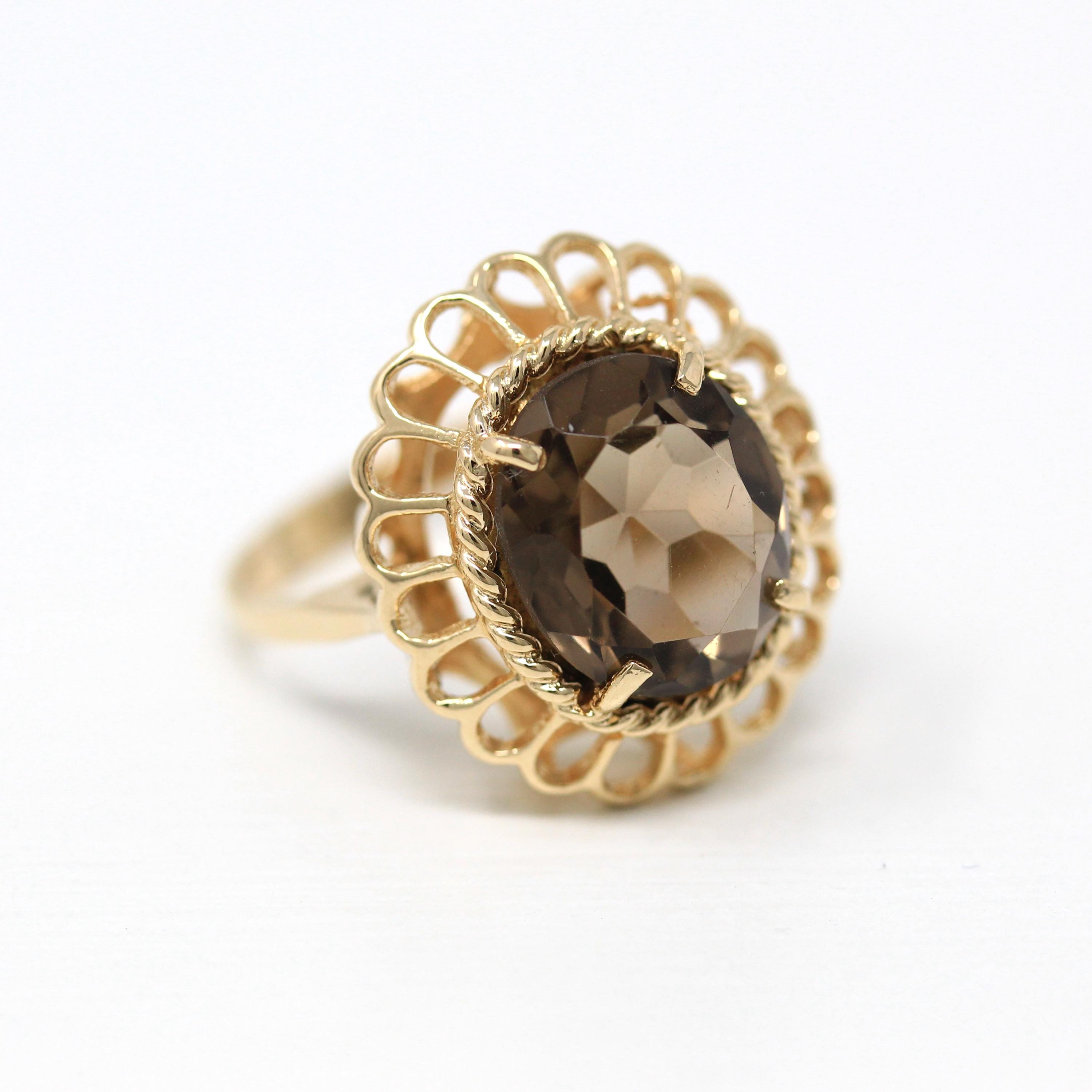 Smoky Quartz Ring - Retro 14k Yellow Gold Genuine Oval Faceted 3.78 CT Brown Gem - Vintage Circa 1970s Size 7 1/4 Statement Jewelry