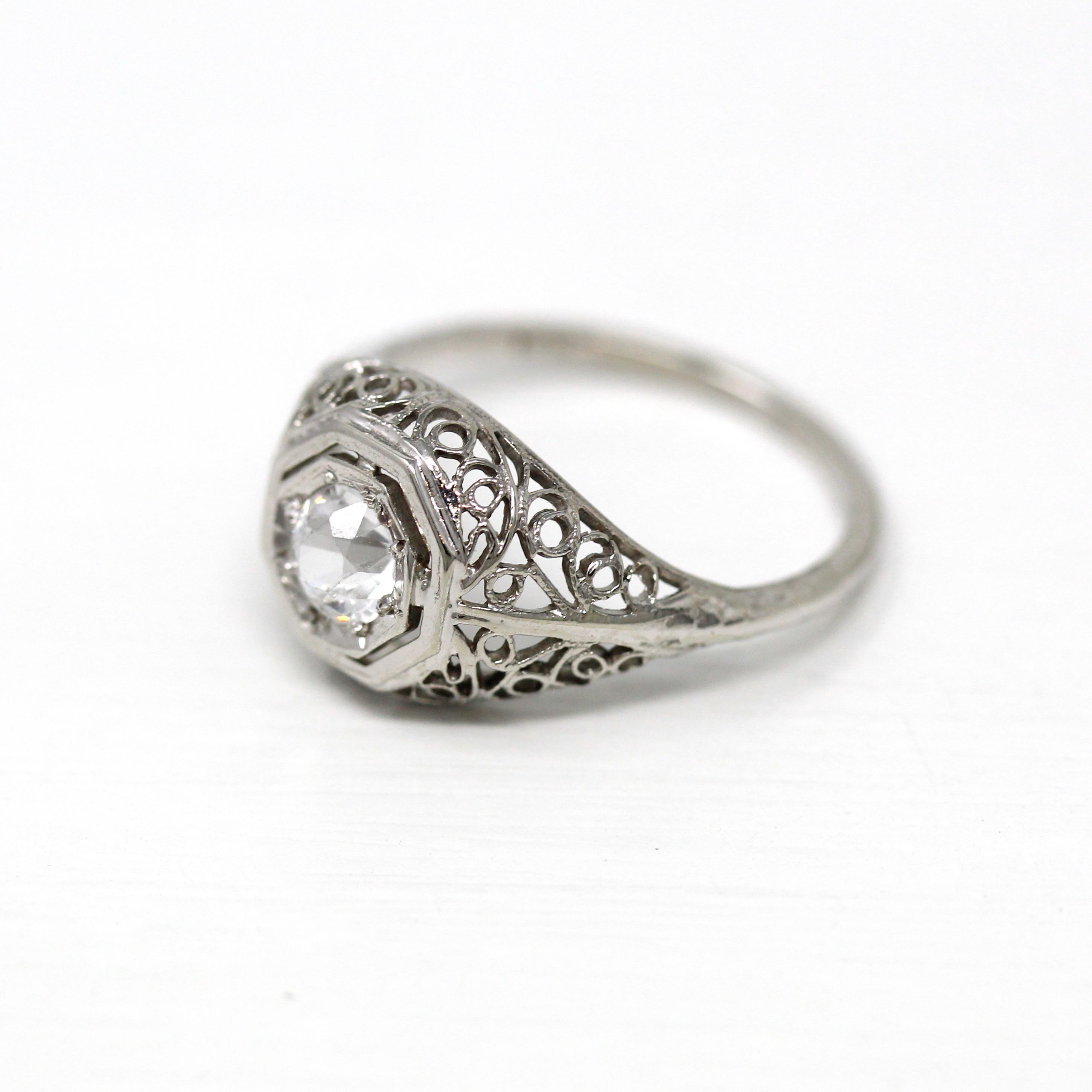 Created White Sapphire Ring - Antique 14k White Gold Filigree Engagement Fine Jewelry - Vintage 1930 Size 5 1/4 Wedding Flower Bridal