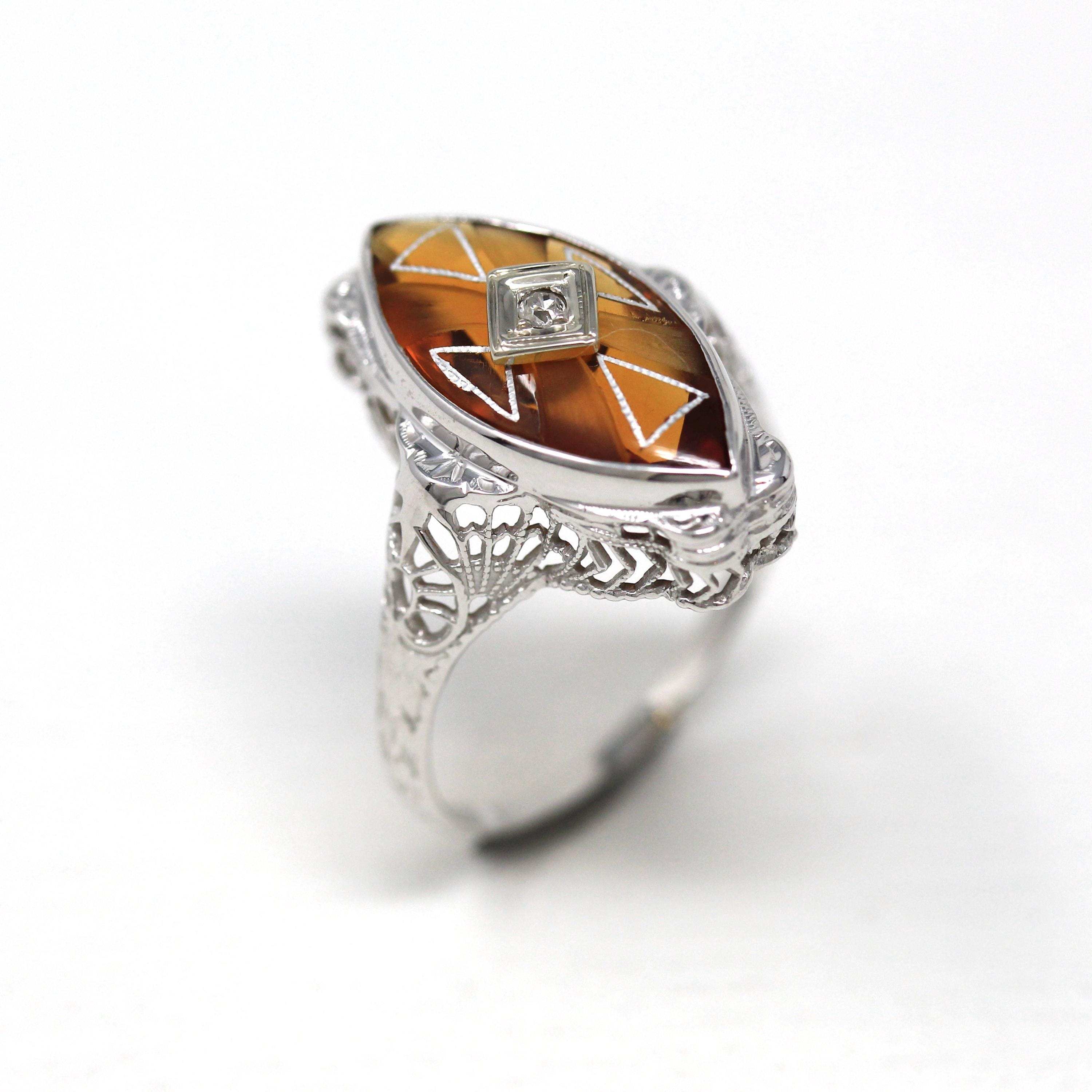 Vintage Filigree Ring - Art Deco 14k White Gold Genuine Citrine - Vintage Circa 1930s Orange Gemstone Size 7.5 Fine Diamond Enamel Jewelry