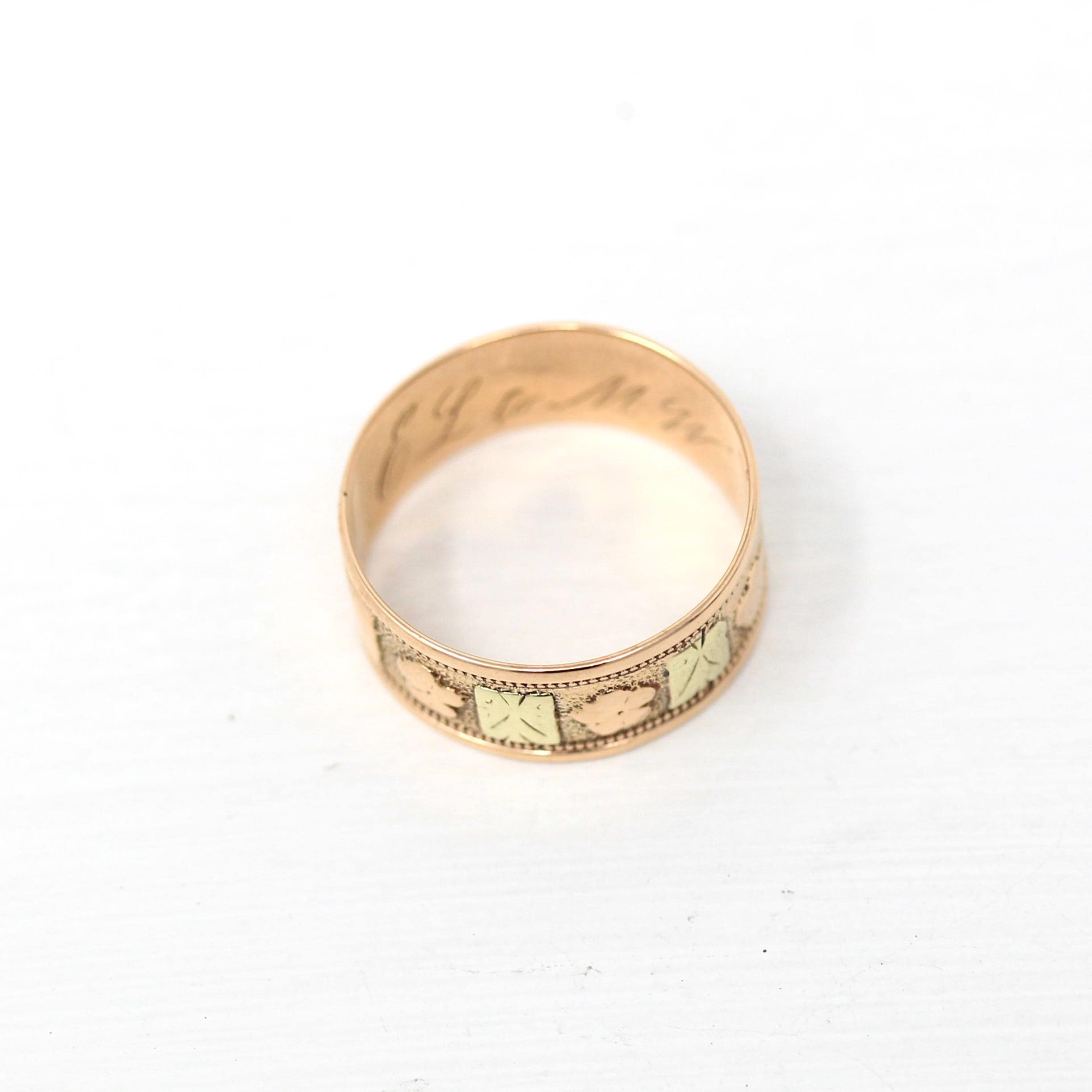 Antique Cigar Band - Edwardian 10k Rose & Yellow Gold Nature Inspired Designs Wide Ring - Vintage Circa 1900s Size 7 Fine Statement Jewelry