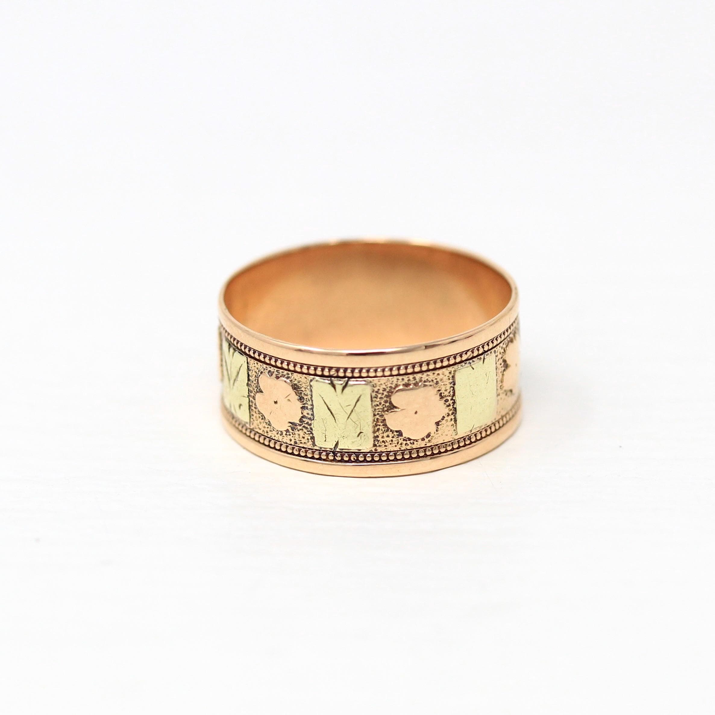 Antique Cigar Band - Edwardian 10k Rose & Yellow Gold Nature Inspired Designs Wide Ring - Vintage Circa 1900s Size 7 Fine Statement Jewelry